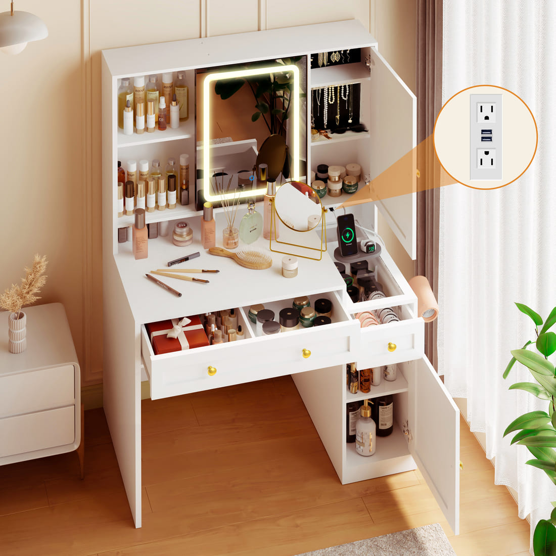 Pamapic 43" Wide Vanity Makeup Desk with Sliding Lighted Mirror & 3 Drawers