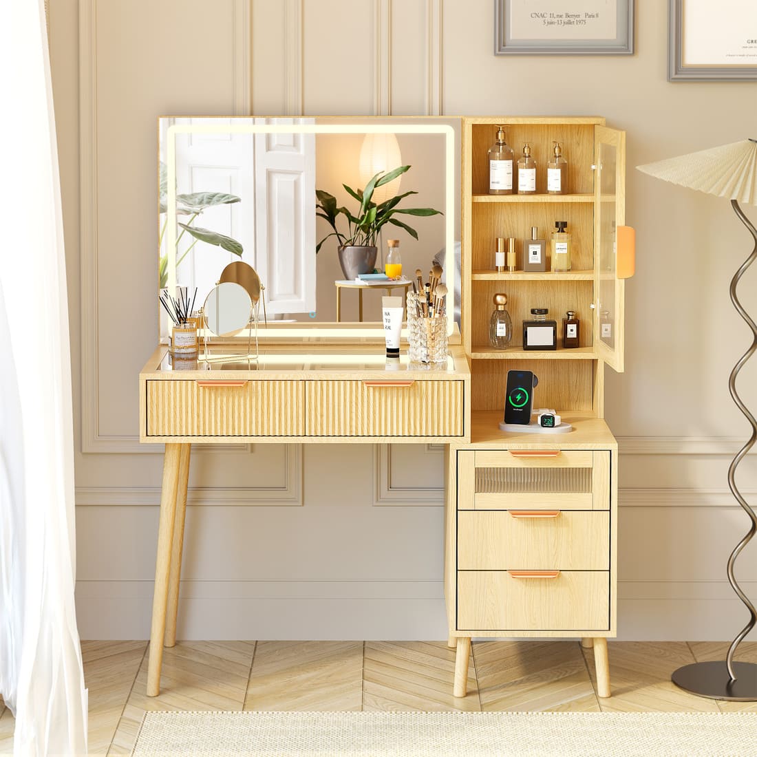 Pamapic Girls Vanity Desk with Mirror & 5 Drawers, Natural Oak