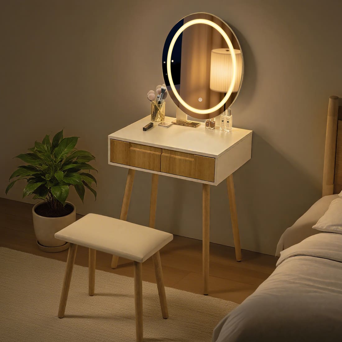 Small Makeup Vanity Table with Round LED Mirror & Cushioned Stool for Living Room, Bedroom