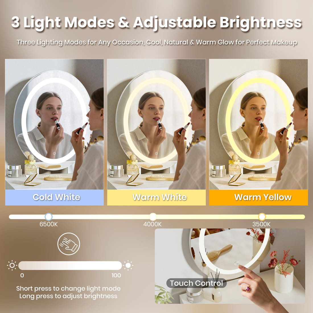 Small Makeup Vanity Table with Round LED Mirror & Cushioned Stool for Living Room, Bedroom