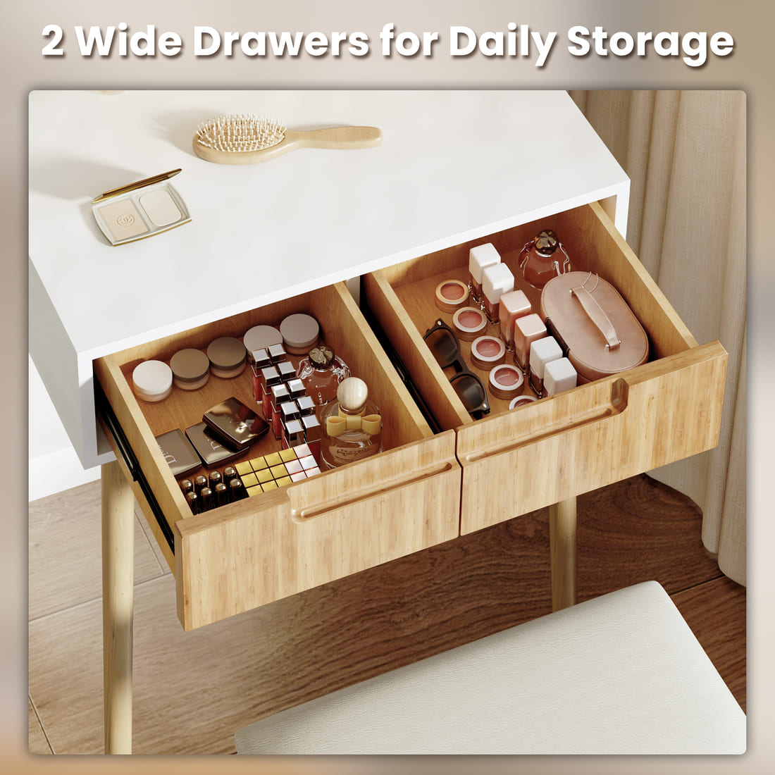 Small Makeup Vanity Table with Round LED Mirror & Cushioned Stool for Living Room, Bedroom