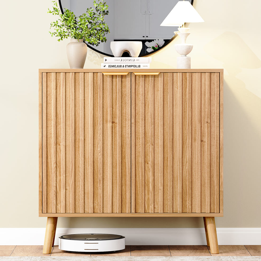 Pamapic Fluted Sideboard Cabinet with Adjustable Shelves for Living Room, Hallway, Entryway, Dining Room, Oak