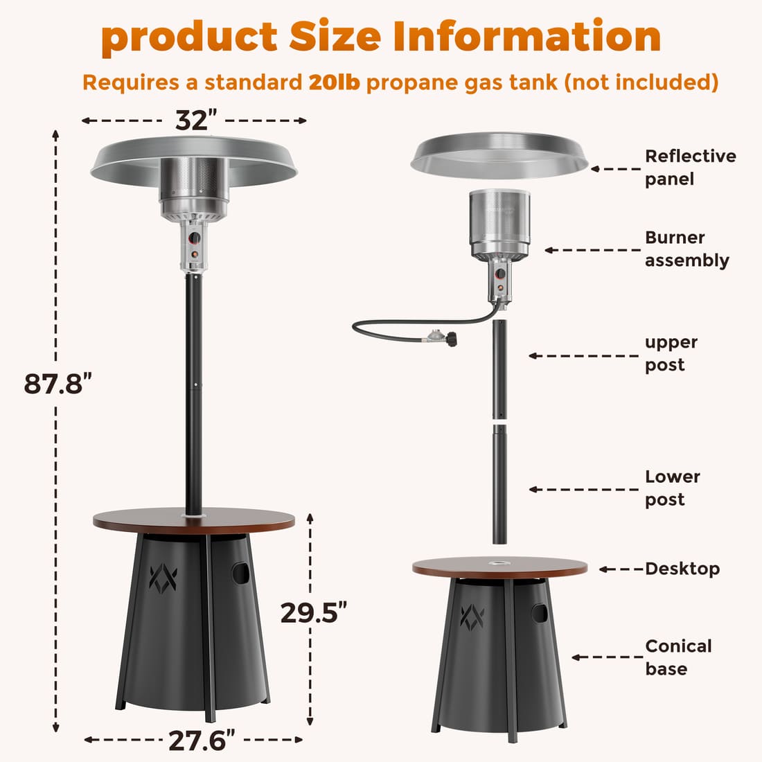 Pamapic 50,000 BTU Patio Propane Heater with 27.6" Round Table Design for Porch, Garden, Residential & Commercial Use