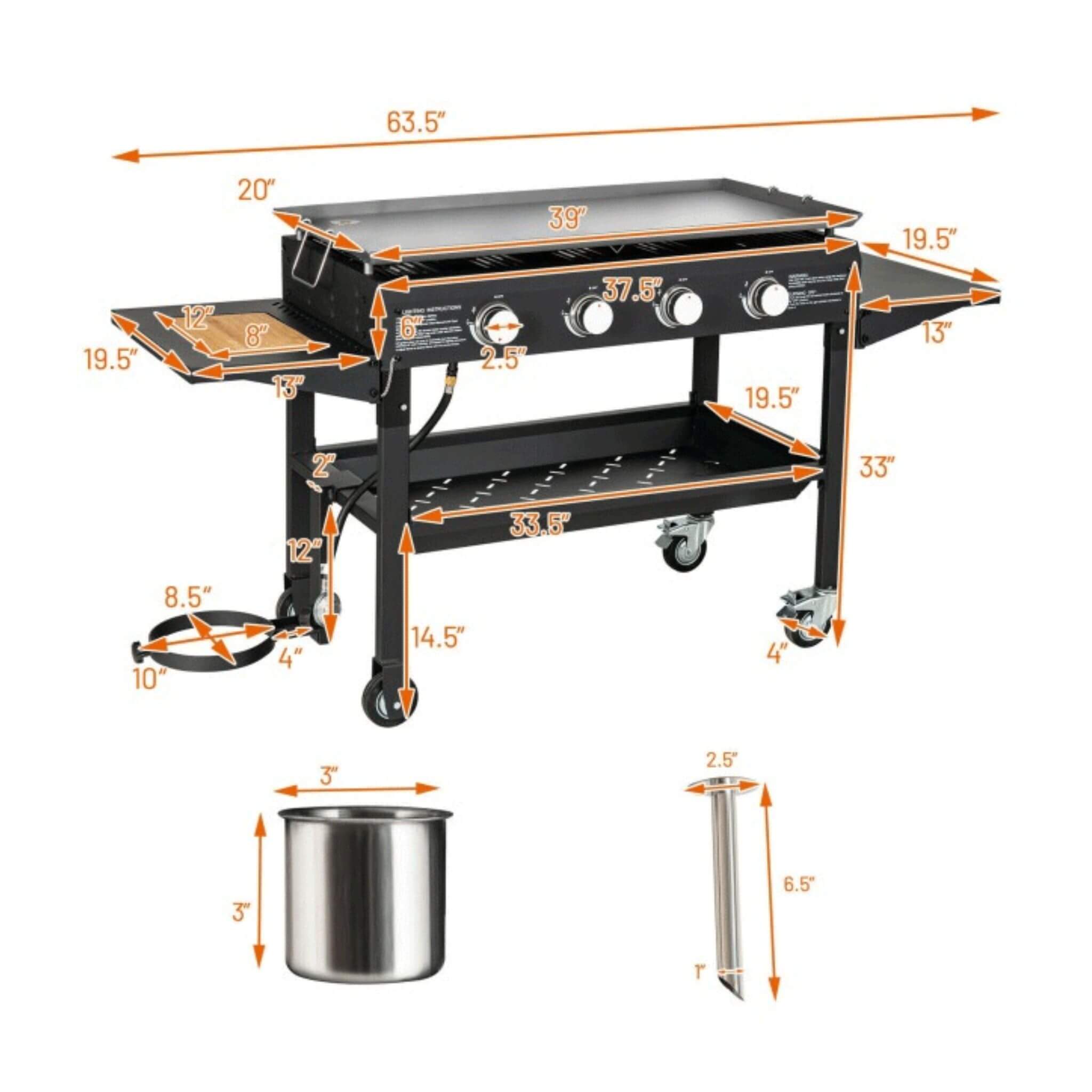 Portable Outdoor 4 Burner Propane Flat Top Gas Grill W/ Wheels, 60K BTU (SAK66104)