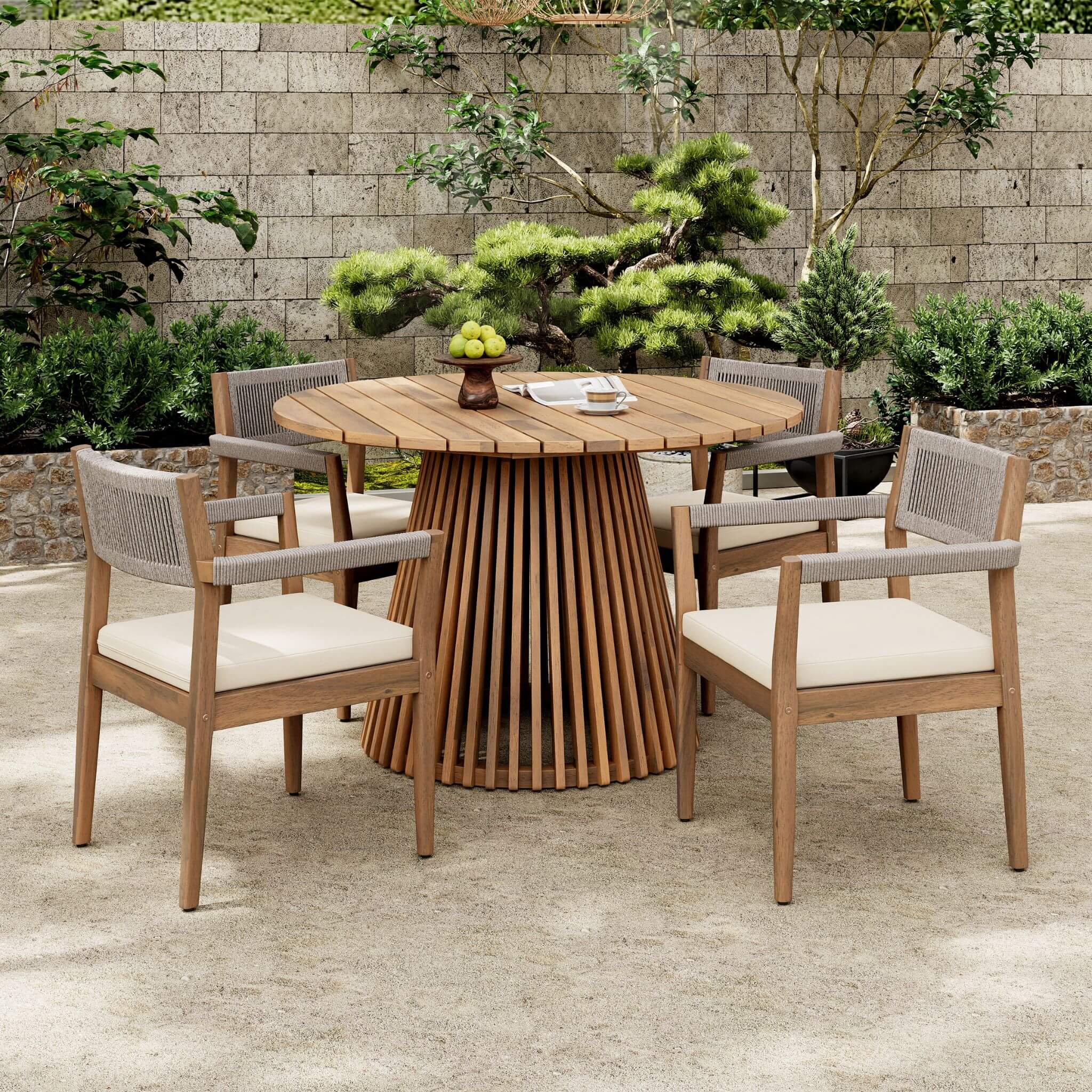 Alora Premium 5-Piece Outdoor Acacia Wood Patio Furniture Set With Braided Dining Chairs, Cushions, And Dining Table (SAK26754)
