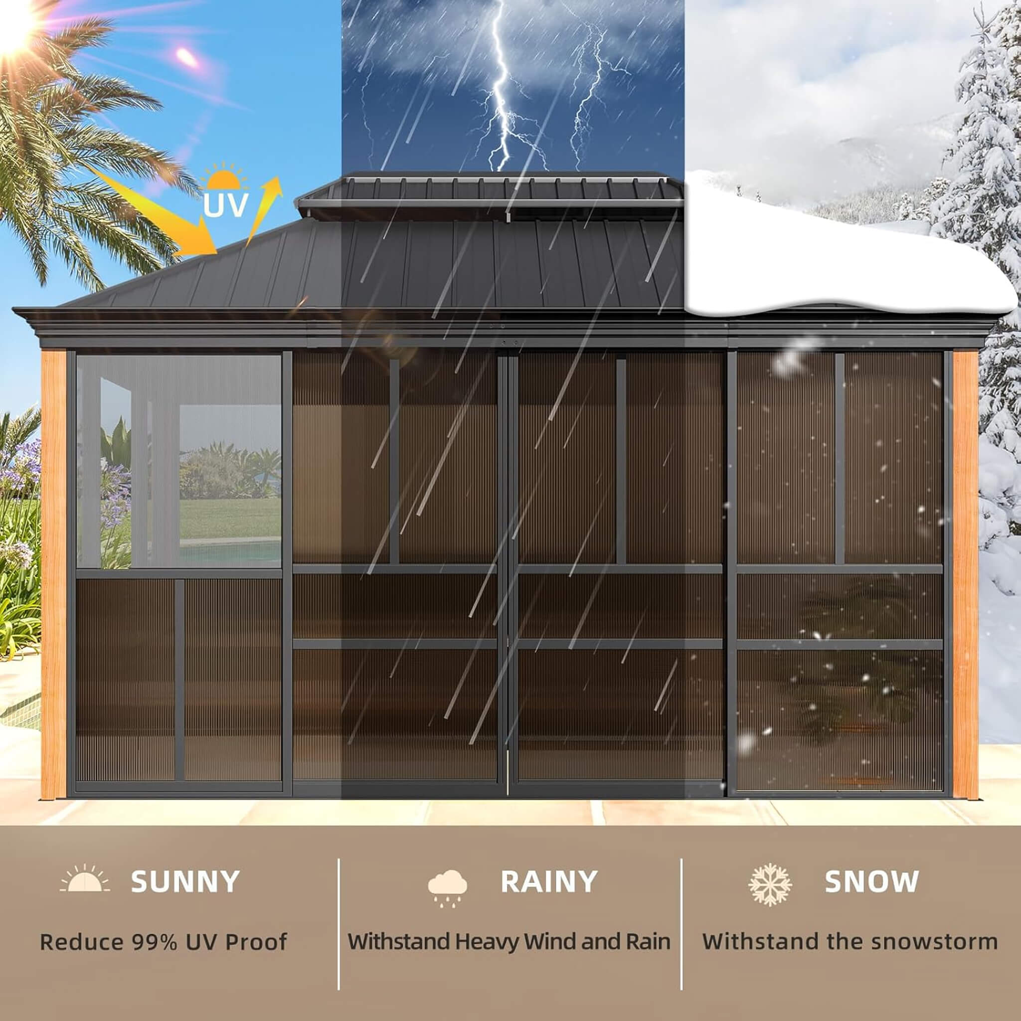 Alora Premium All-Season Outdoor Wood Grain Sunroom With Sliding Doors And Double Top Roof (SAK58317)