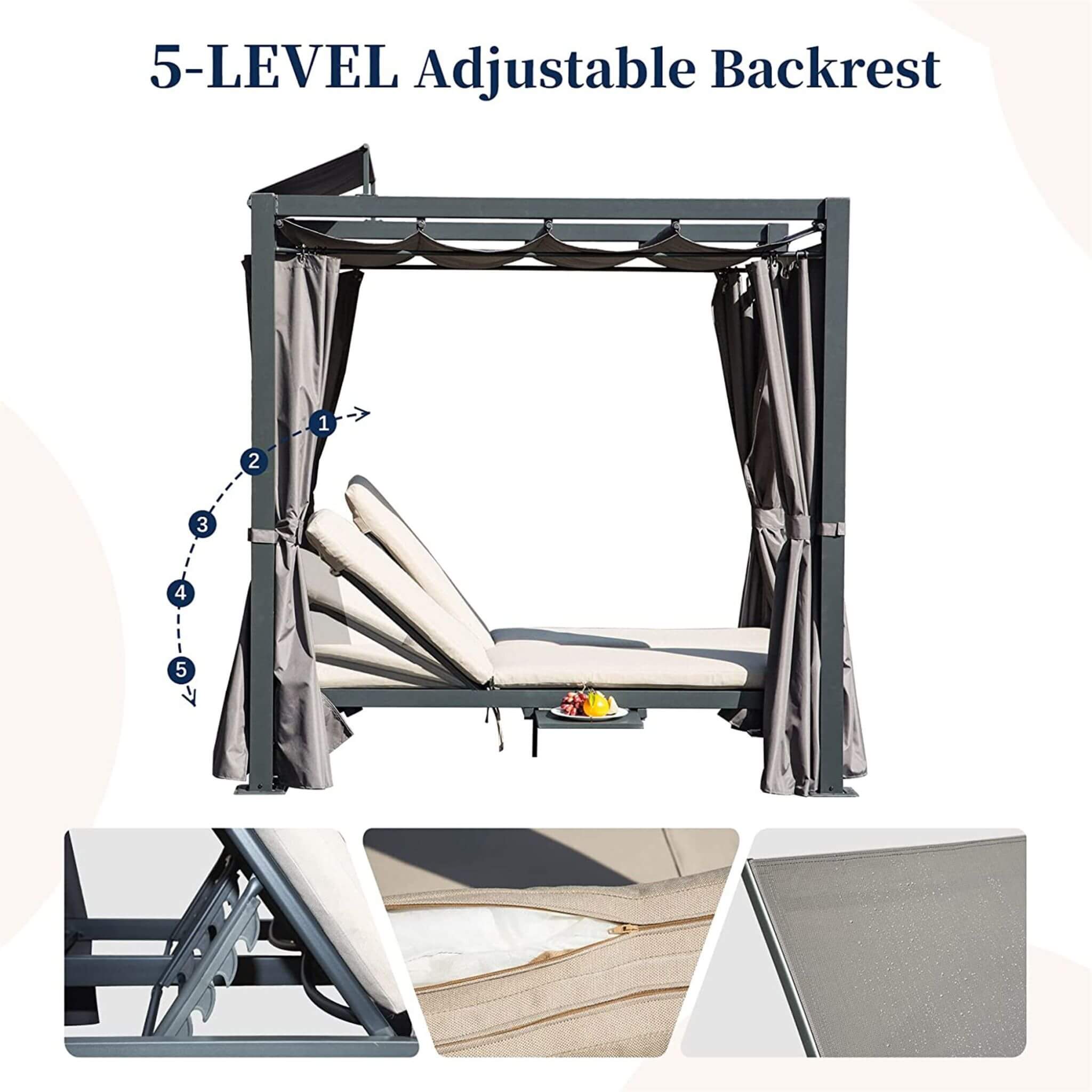 Alora Premium Aluminum Outdoor Patio Daybed With Retractable Canopy And Double Chaise Lounge (SAK17682)