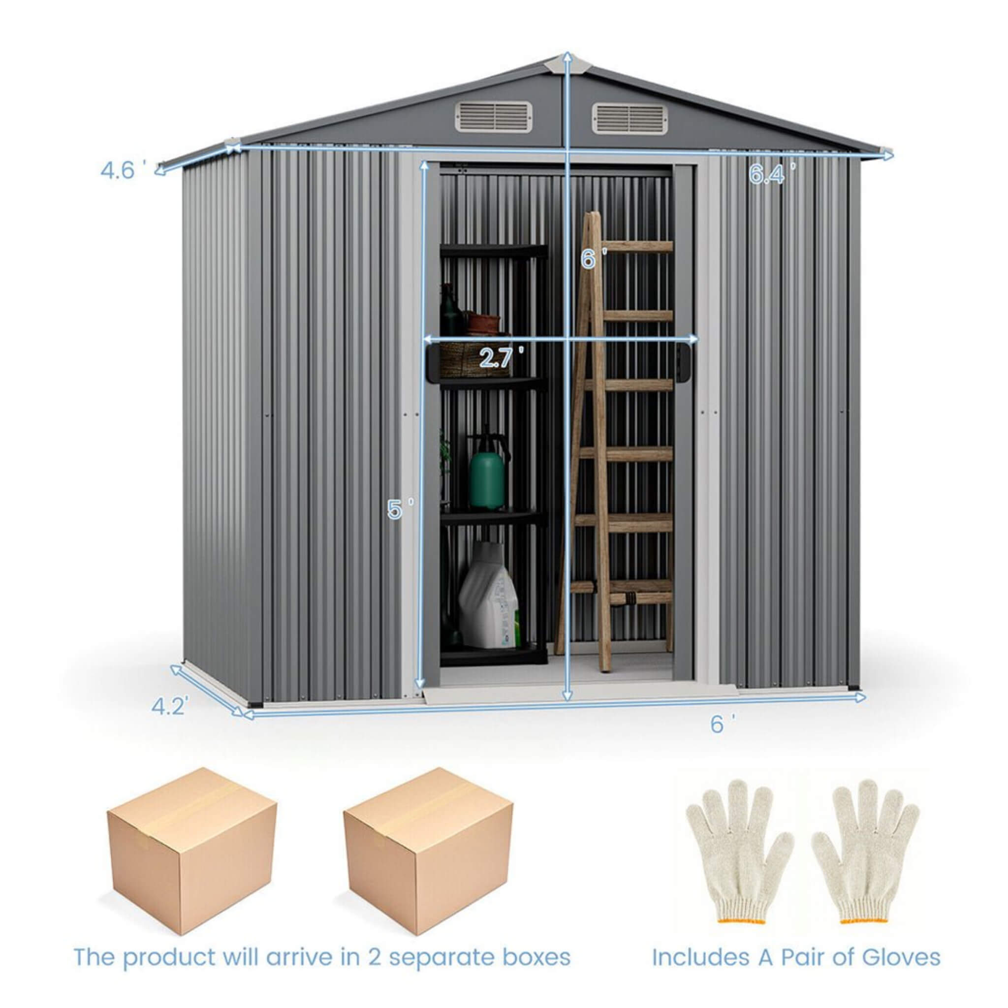 [04X06FT] Alora Premium Garden Galvanized Steel Storage Shed W/ Lockable Sliding Doors (SAK75842)