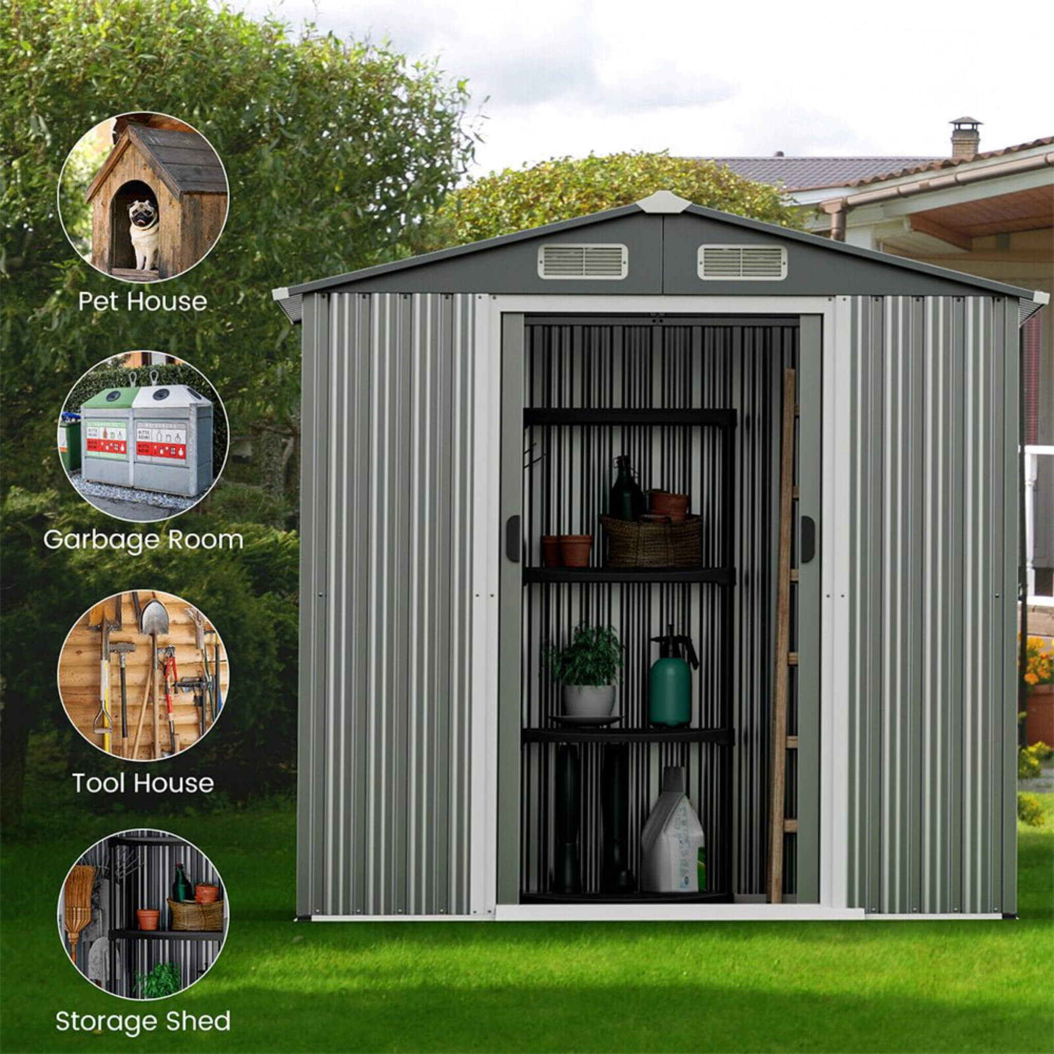 [04X06FT] Alora Premium Garden Galvanized Steel Storage Shed W/ Lockable Sliding Doors (SAK75842)