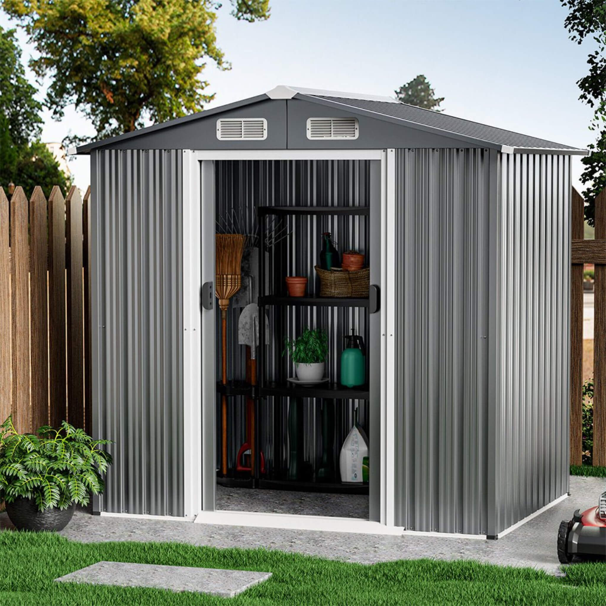 [04X06FT] Alora Premium Garden Galvanized Steel Storage Shed W/ Lockable Sliding Doors (SAK75842)