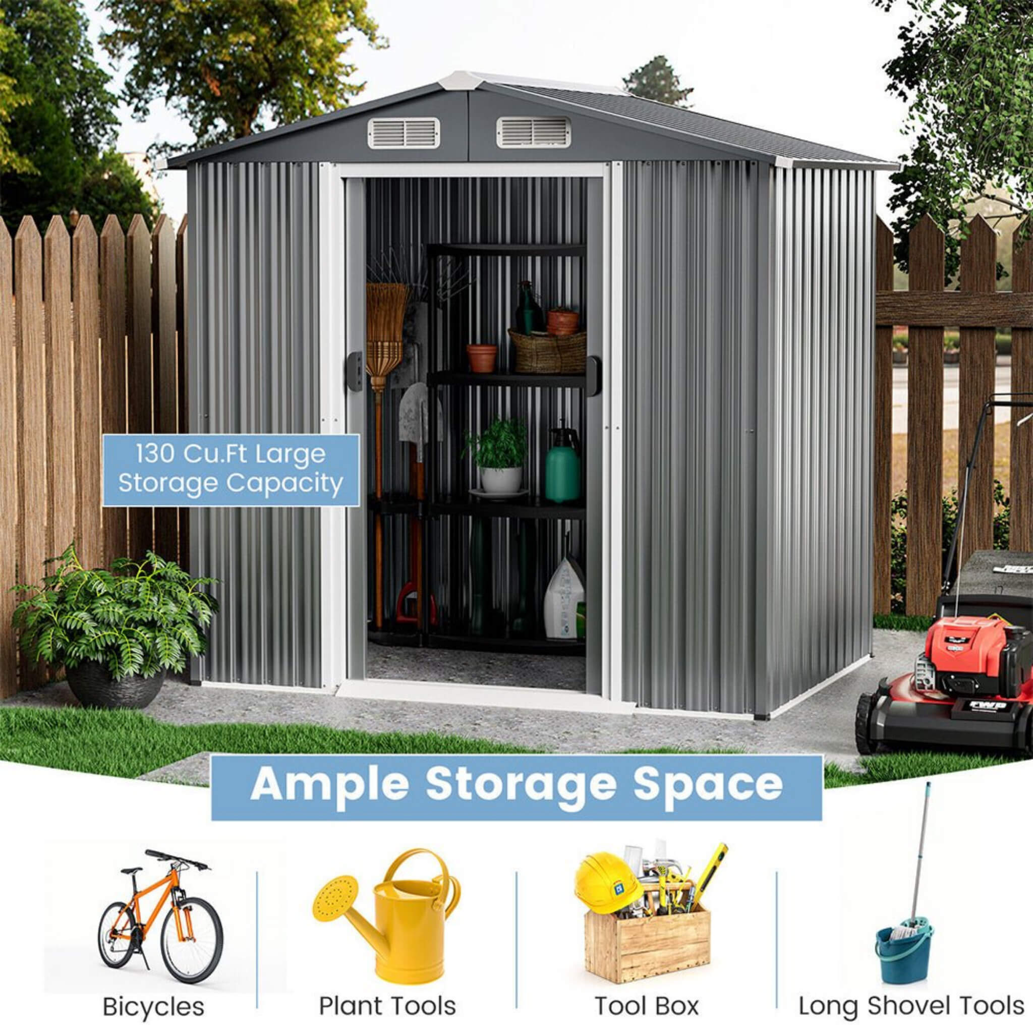[04X06FT] Alora Premium Garden Galvanized Steel Storage Shed W/ Lockable Sliding Doors (SAK75842)
