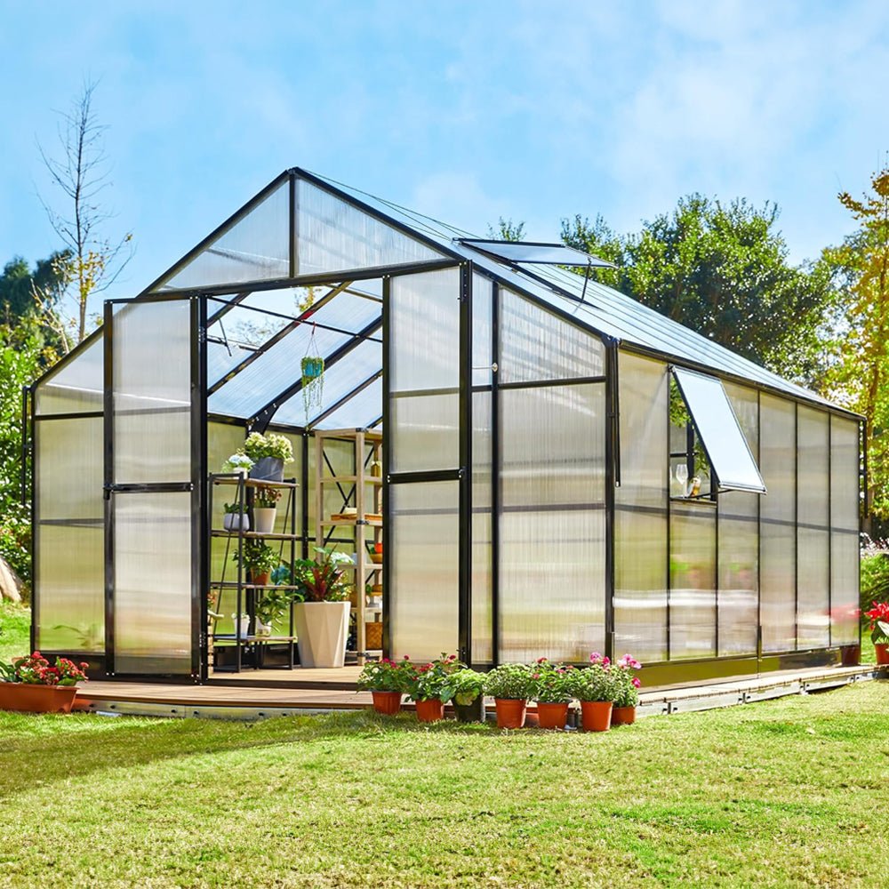 [12X13.5FT] Premium Large Outdoor Double Door Aluminum Polycarbonate Greenhouse With Quick Connect Fitting (96243175)