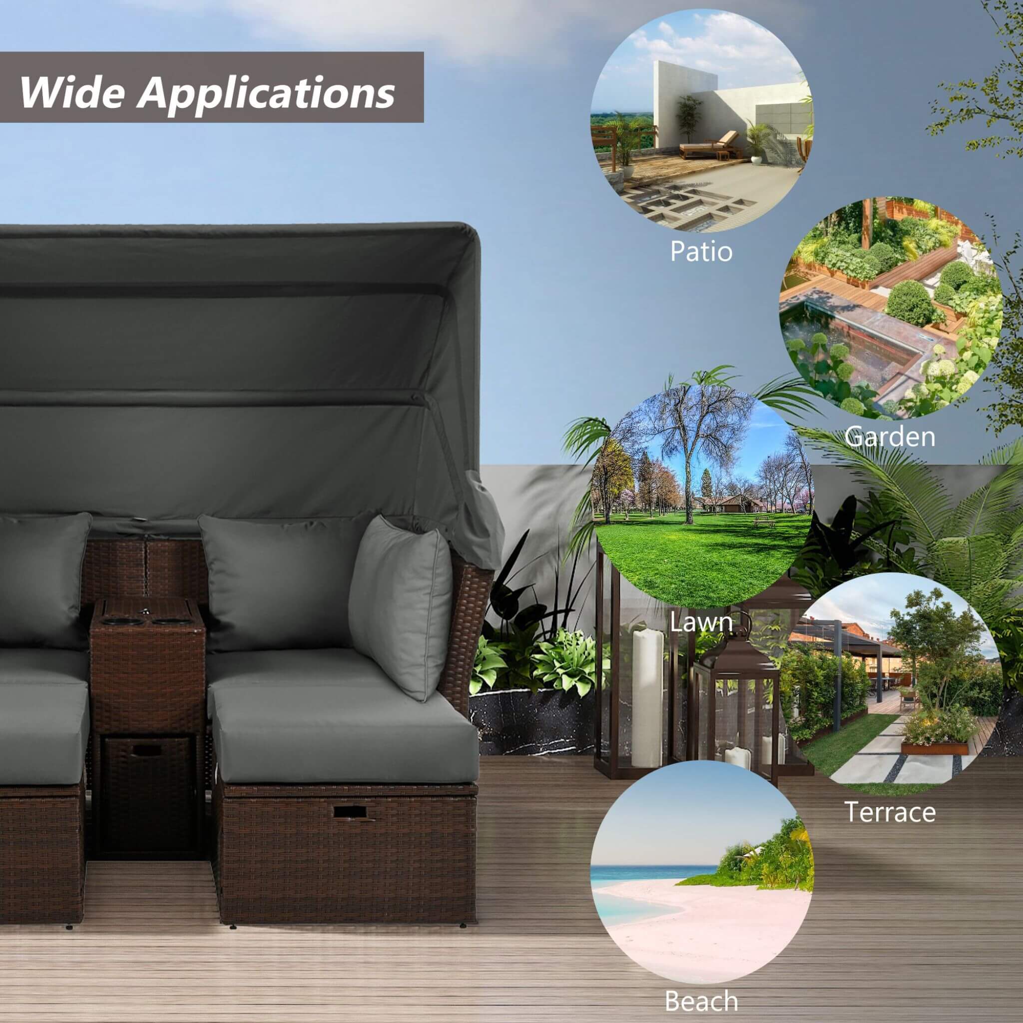 Alora Premium Outdoor 2-Seater Patio Daybed With Foldable Awning, Cushions, And Rattan Frame (SAK90233)