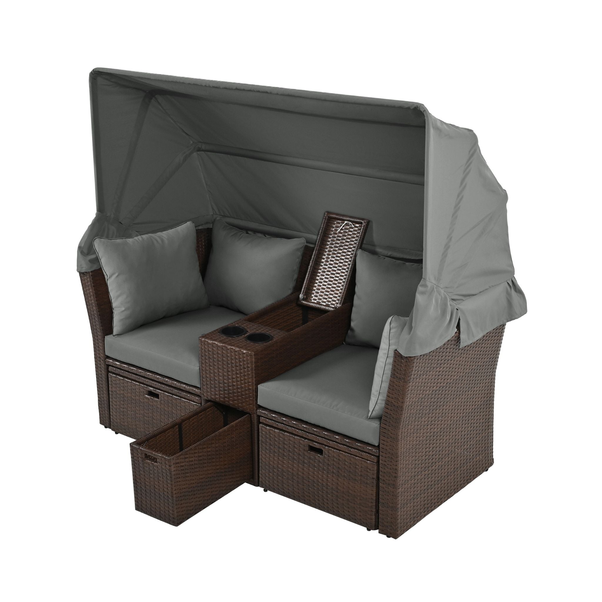 Alora Premium Outdoor 2-Seater Patio Daybed With Foldable Awning, Cushions, And Rattan Frame (SAK90233)