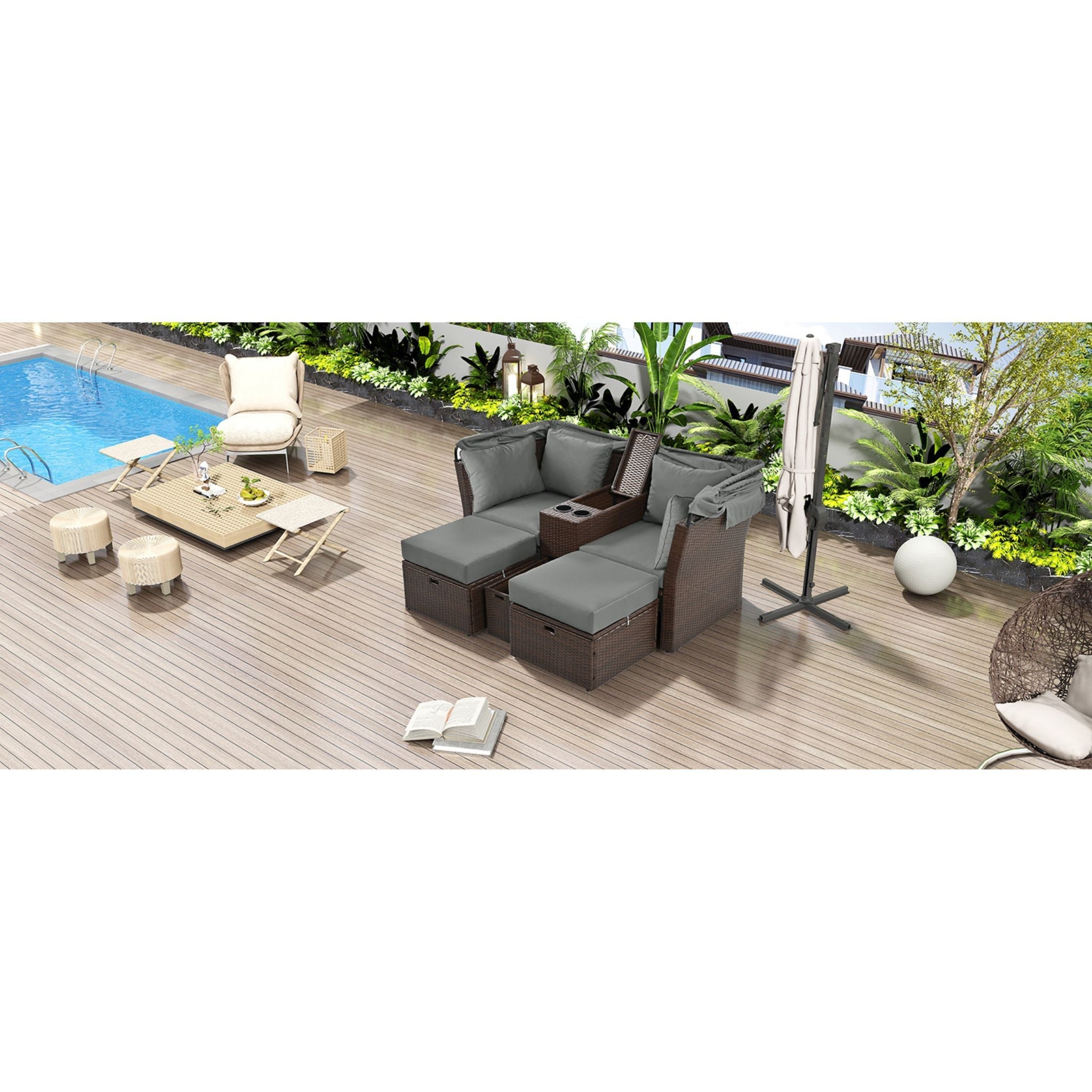 Alora Premium Outdoor 2-Seater Patio Daybed With Foldable Awning, Cushions, And Rattan Frame (SAK90233)