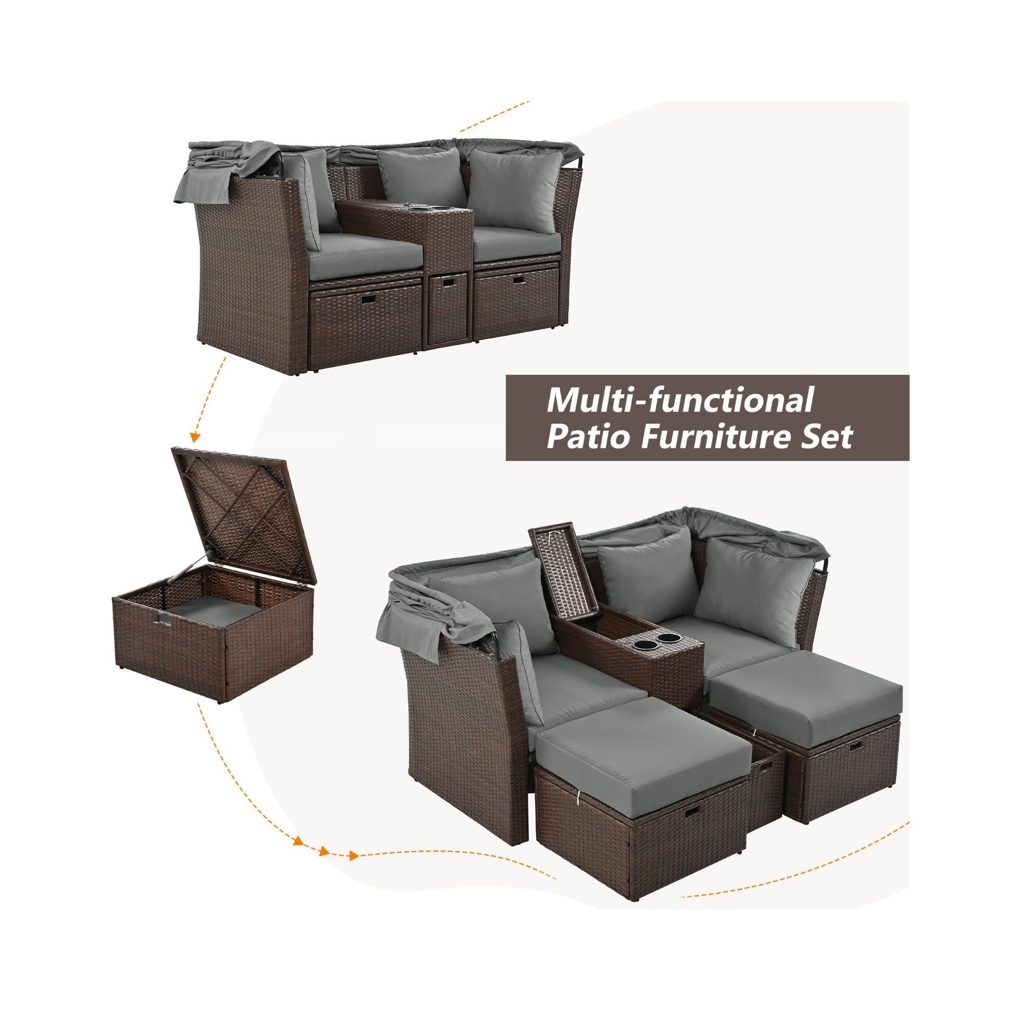 Alora Premium Outdoor 2-Seater Patio Daybed With Foldable Awning, Cushions, And Rattan Frame (SAK90233)