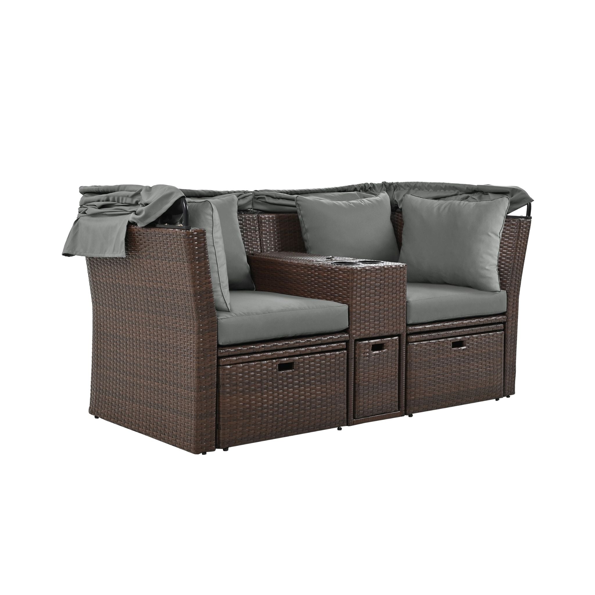 Alora Premium Outdoor 2-Seater Patio Daybed With Foldable Awning, Cushions, And Rattan Frame (SAK90233)