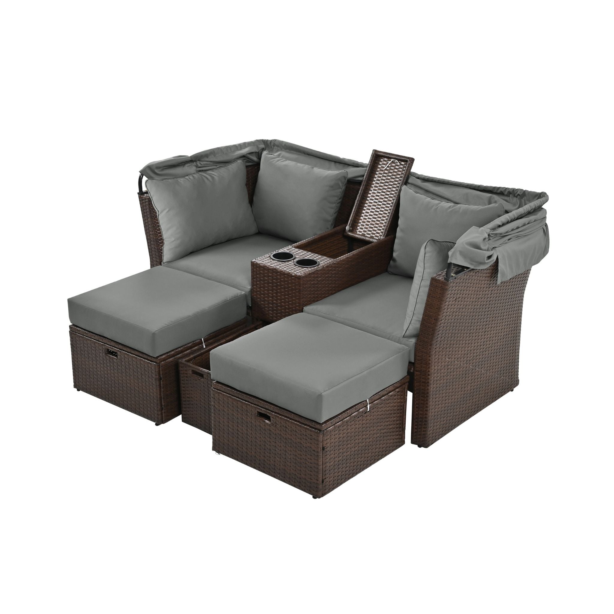 Alora Premium Outdoor 2-Seater Patio Daybed With Foldable Awning, Cushions, And Rattan Frame (SAK90233)