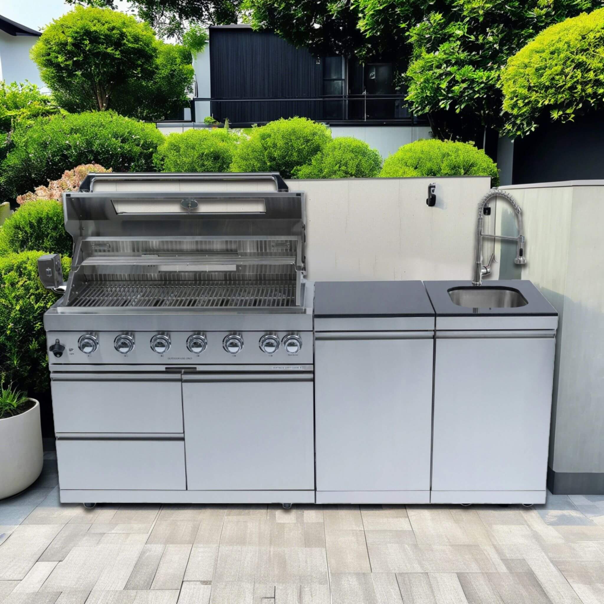 Castelle Flame Outdoor BBQ Kitchen Island With 43-Inch 6-Burner 85K BTU Propane Gas Grill, Rotisserie Kit, And Storage Cabinets (SAK95623)