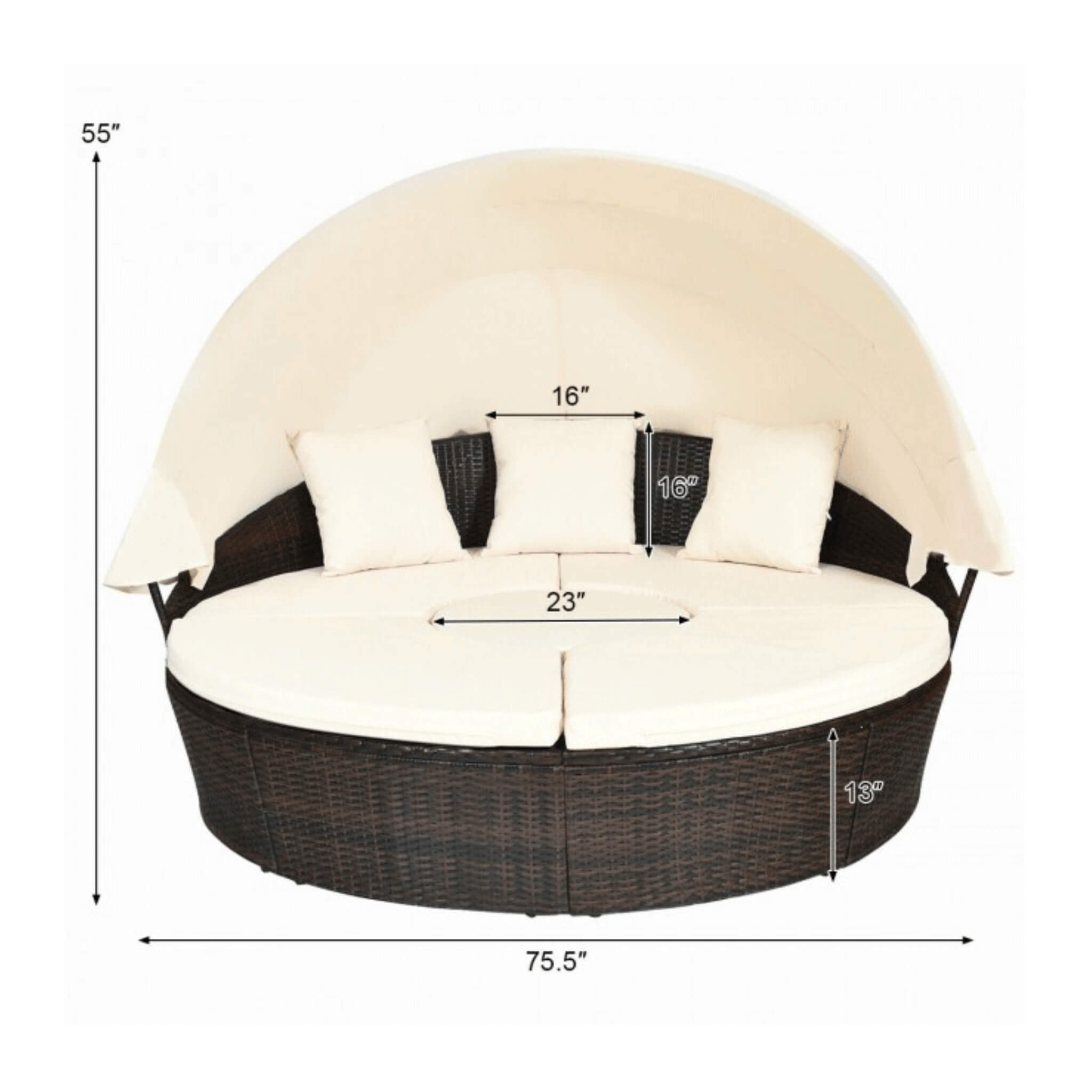 Premium Round Outdoor Patio Rattan Daybed W/ Canopy & Table, 76" (SAK96418)