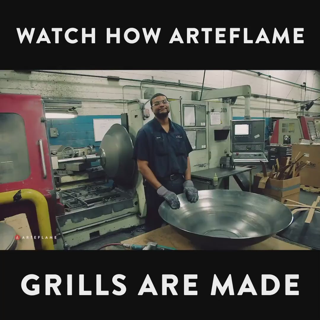 Load video: Arteflame ONE30 — 30″ One Series Flat-Top Charcoal Grill &amp; Fire Bowl (Single-Piece CORTEN Steel)