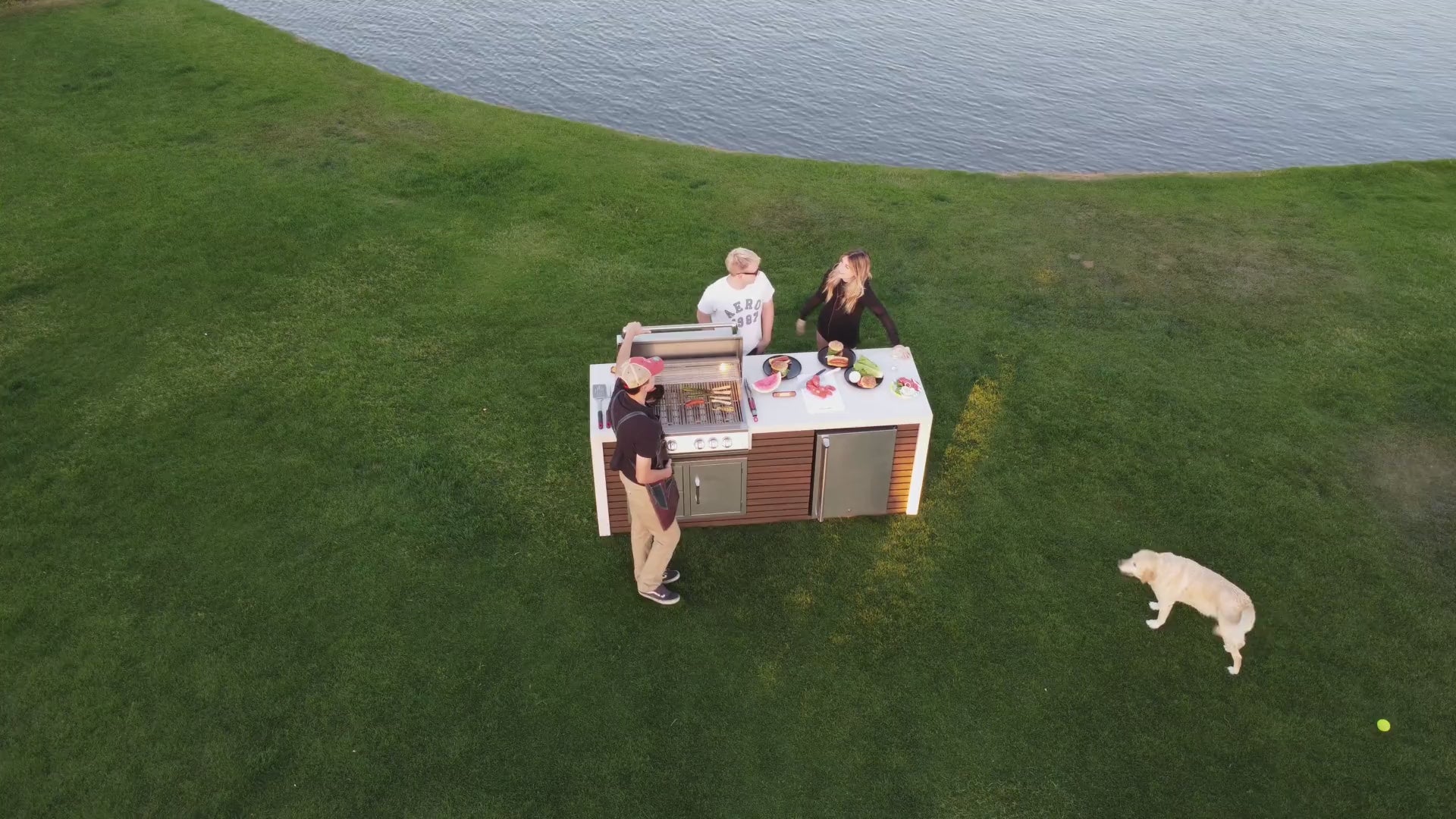 Load video: Professional Shiplap Outdoor Kitchen KoKoMo Grill With Waterfall Edge
