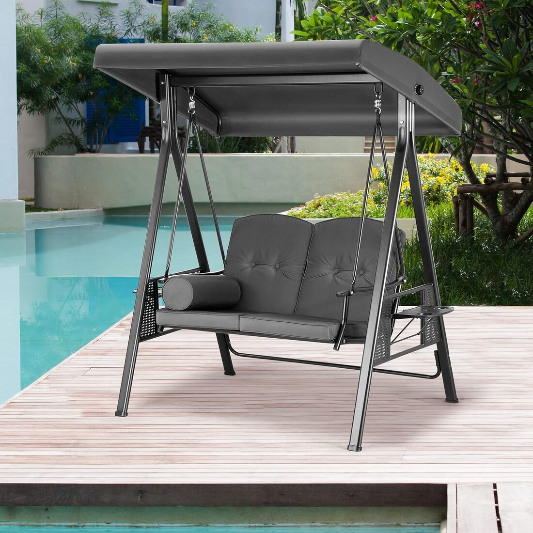 Pamapic 3-Seat Patio Swing Chair with Stand & Adjustable Canopy