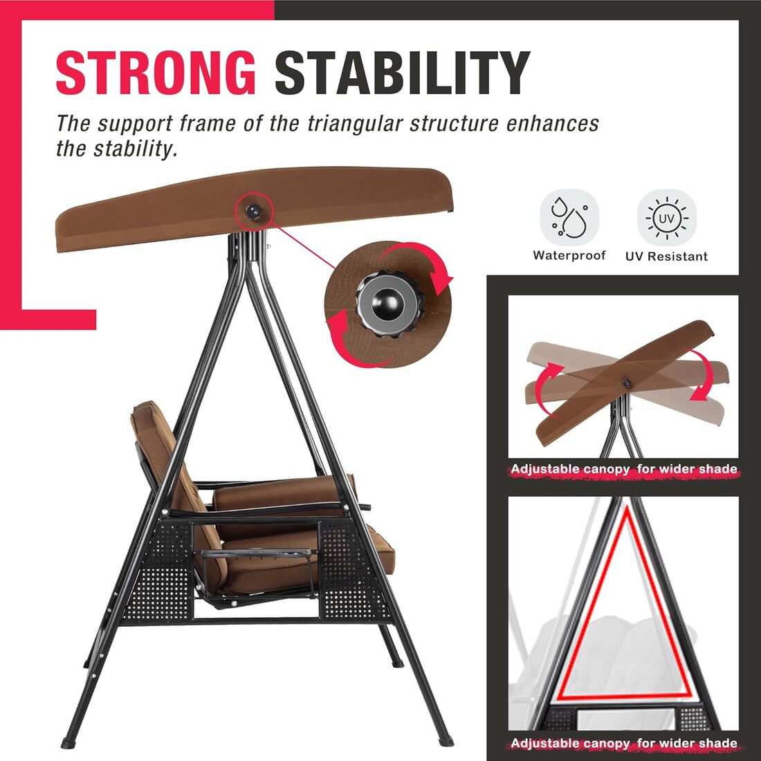 Pamapic 3-Seat Patio Swing Chair with Stand & Adjustable Canopy