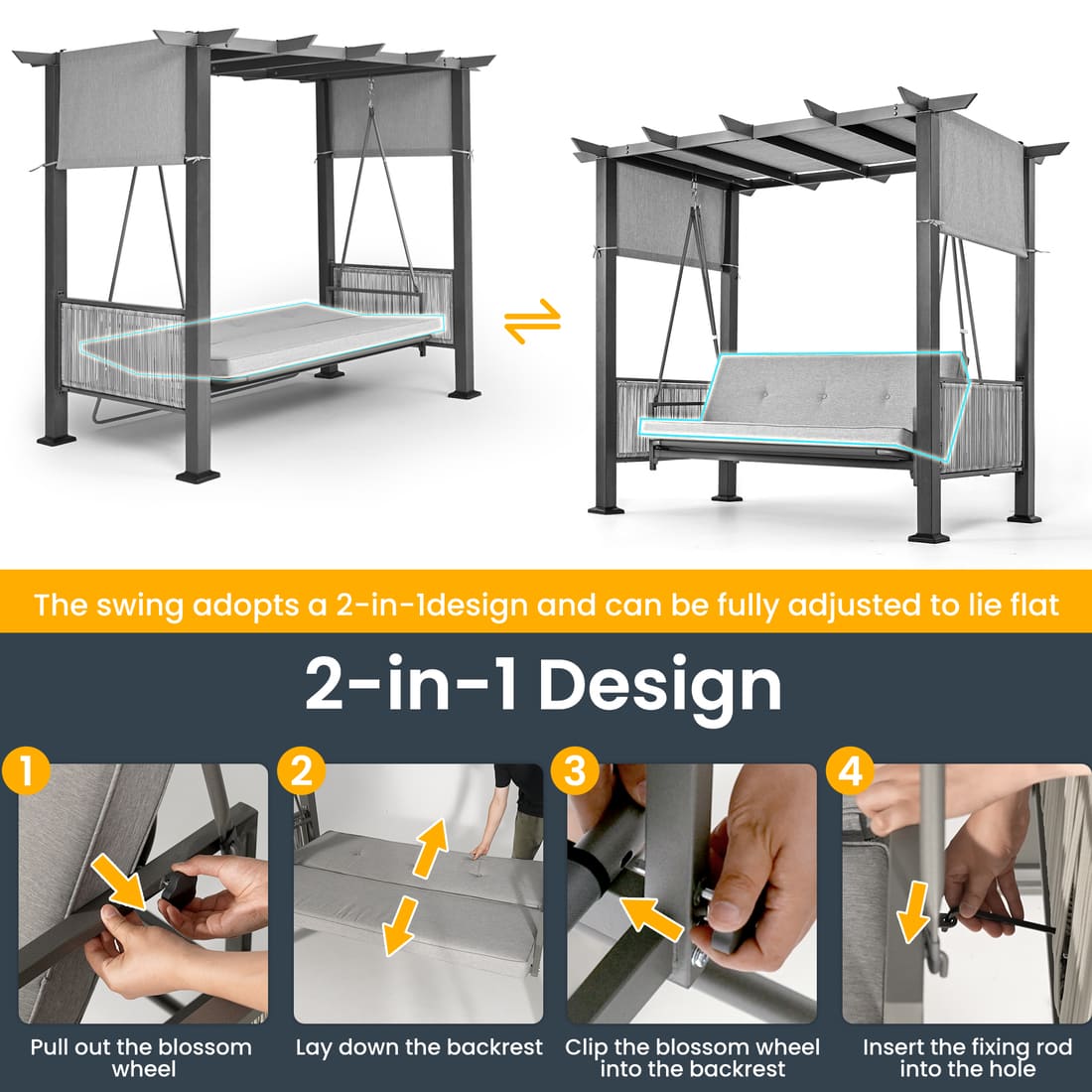 Pamapic 3-Seat Outdoor Metal Pergola Porch Swing Bed with Stand & Cushion, Gray