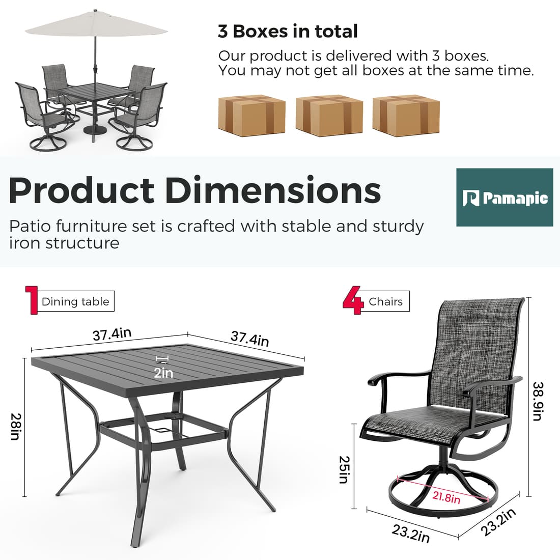 Pamapic 5-Piece Patio Dining Set with 4 Textilene Swivel Chairs
