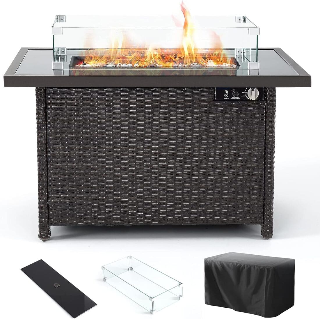 Pamapic 42" Rectangular Propane Fire Pit Table with Glass Wind Guard, 50,000 BTU Output