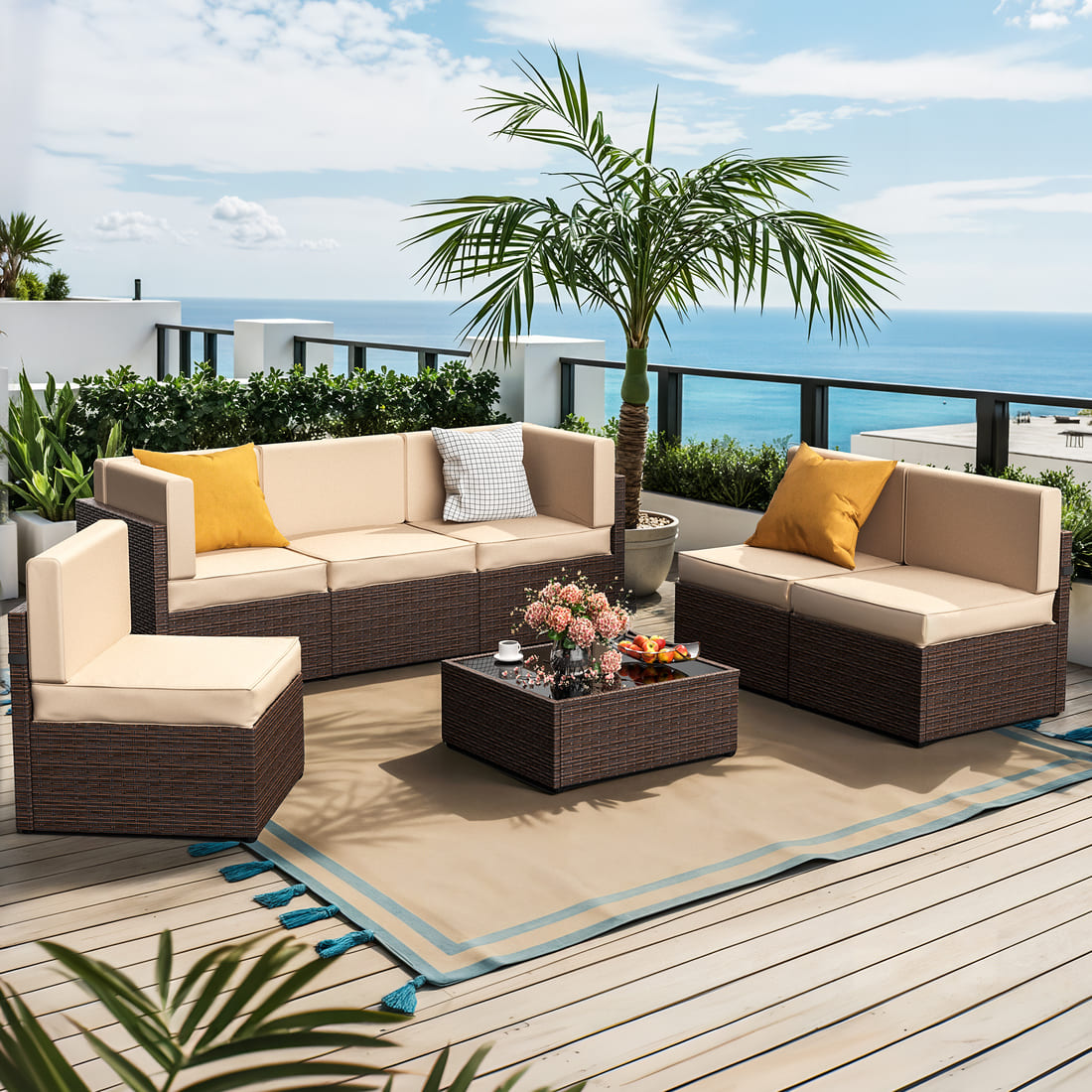 Pamapic Rattan Outdoor Sectional Couch Set  (7 Pieces)
