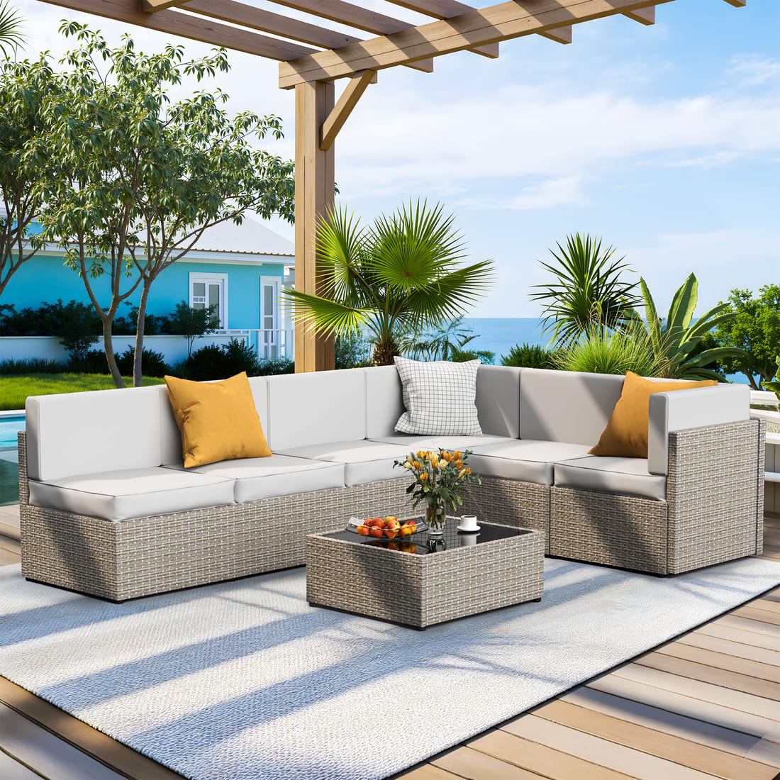 Pamapic Rattan Outdoor Sectional Couch Set  (7 Pieces)