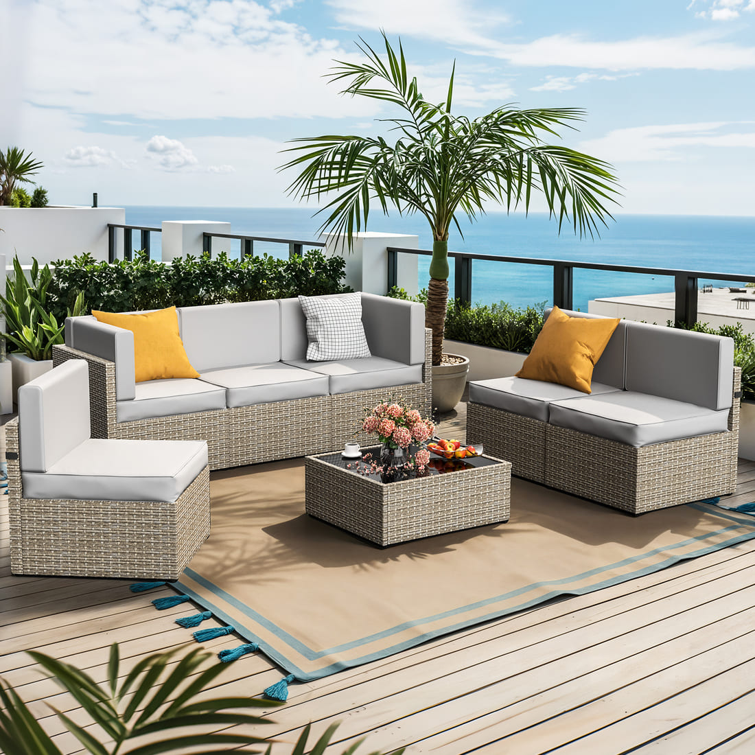Pamapic Rattan Outdoor Sectional Couch Set  (7 Pieces)