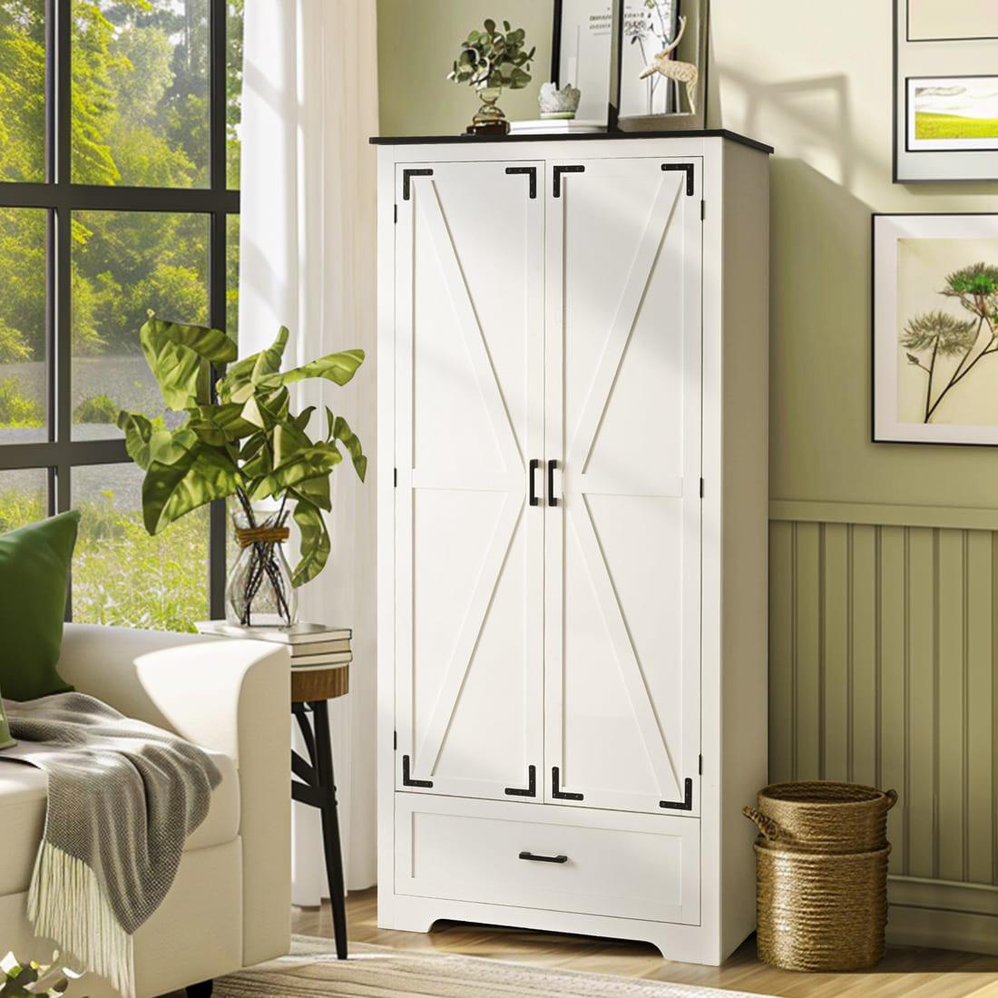 Pamapic 71" Tall Farmhouse Kitchen Pantry Cabinet with 2 Barn Style Doors&  Drawer