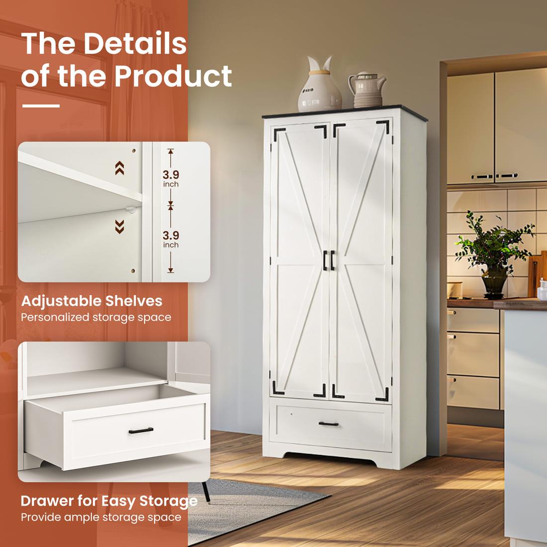 Pamapic 71" Tall Farmhouse Kitchen Pantry Cabinet with 2 Barn Style Doors&  Drawer