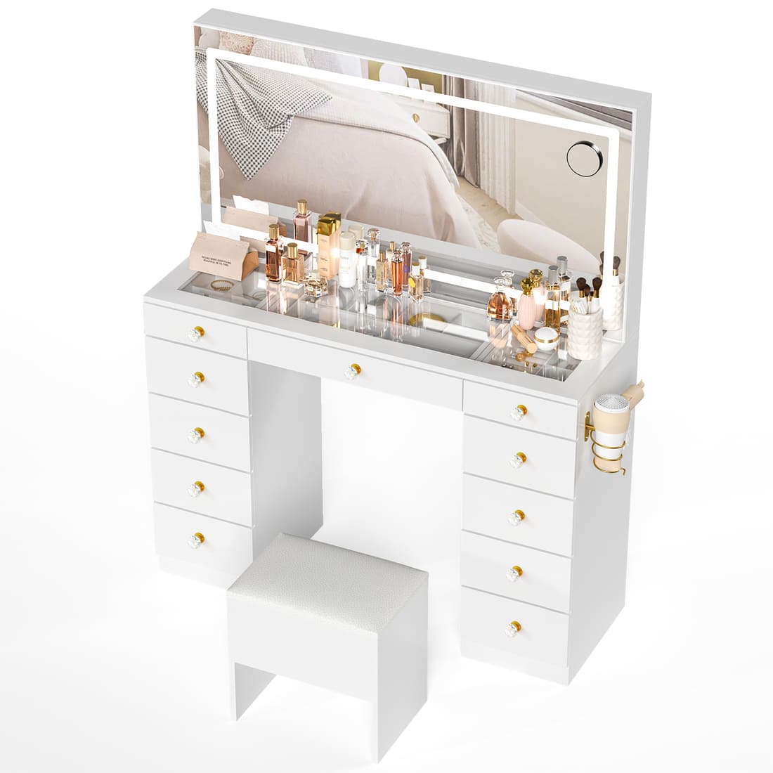 Pamapic 11 Drawers Vanity Desk with Mirror & Glass Top, White