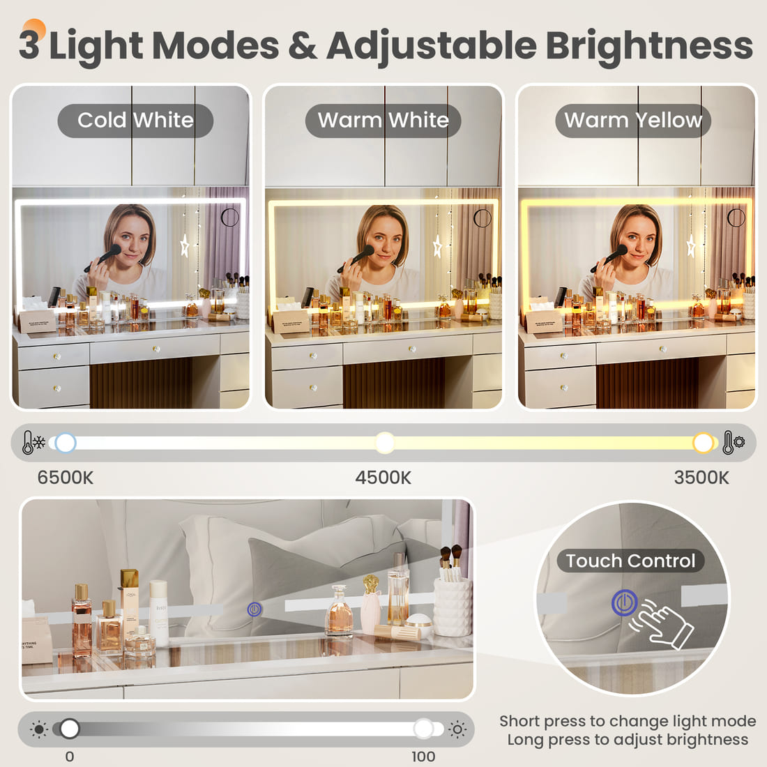 Pamapic 11 Drawers Vanity Desk with Mirror & Glass Top, White