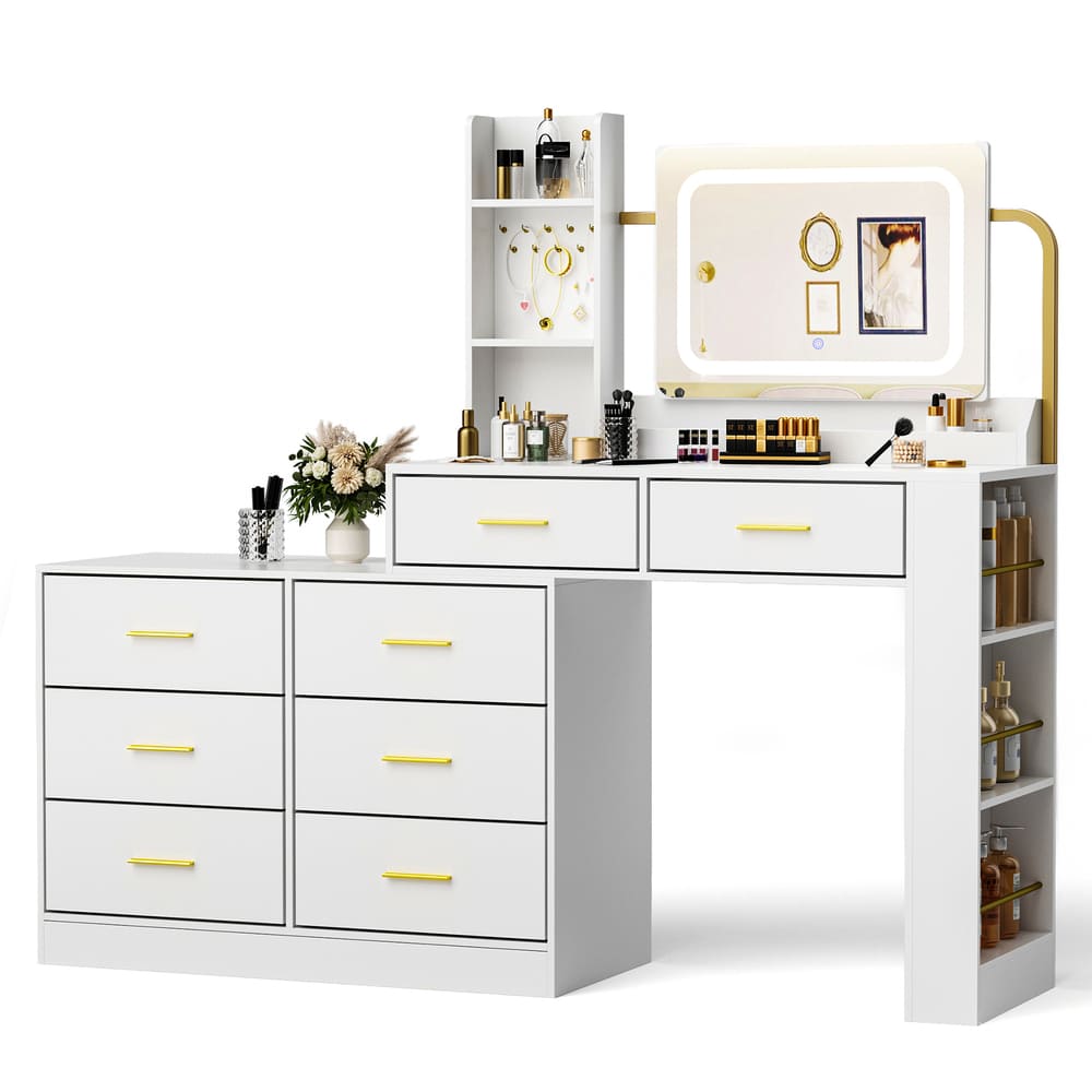 Pamapic 8-Drawer Adjustable Width(60"-67") Vanity Desk with Lighted Mirror & Power Outlets