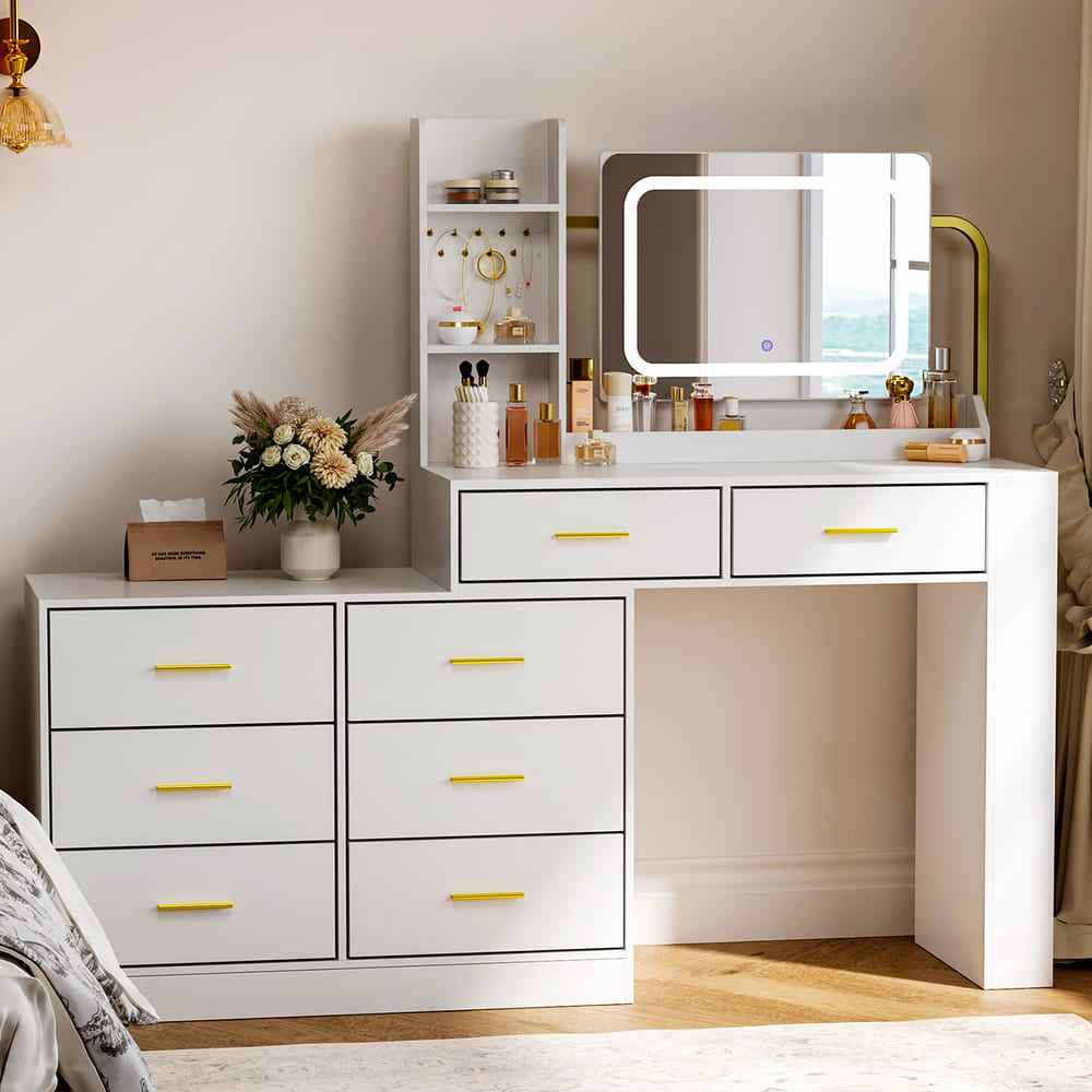 Pamapic 8-Drawer Adjustable Width(60"-67") Vanity Desk with Lighted Mirror & Power Outlets