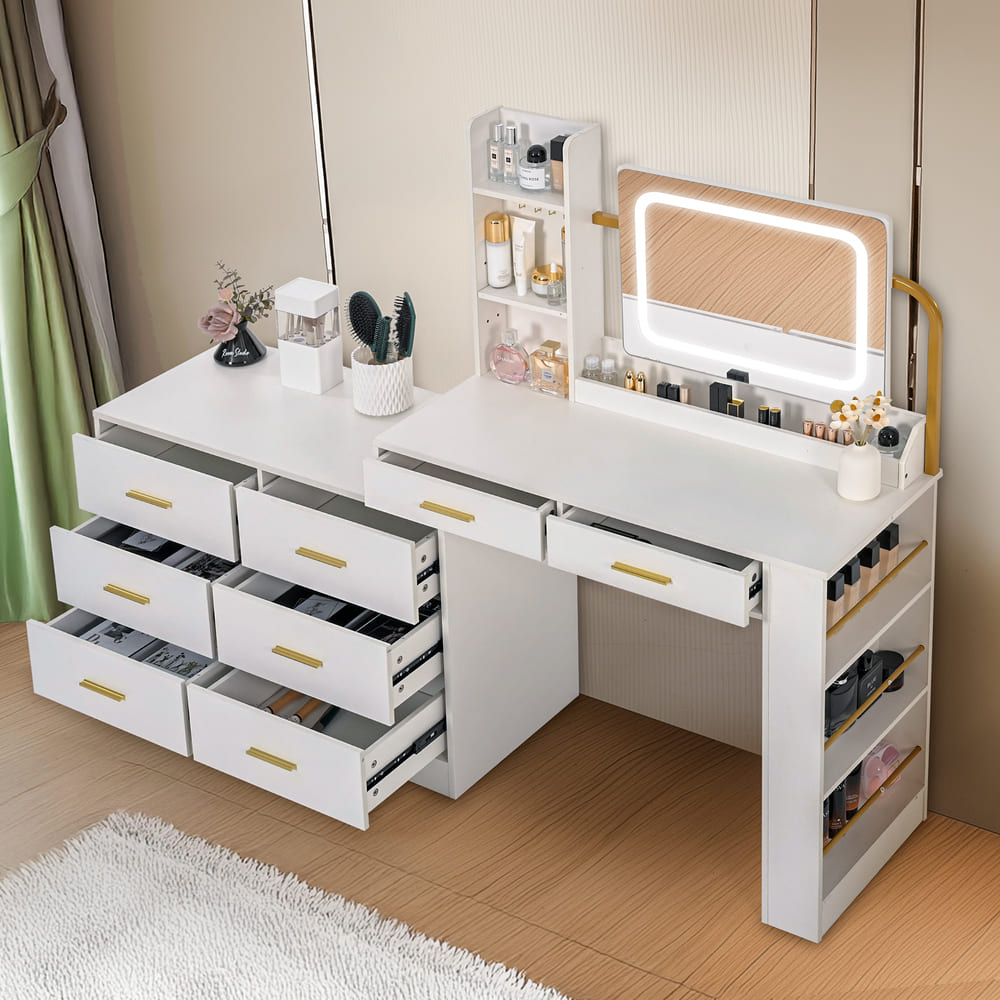 Pamapic 8-Drawer Adjustable Width(60"-67") Vanity Desk with Lighted Mirror & Power Outlets