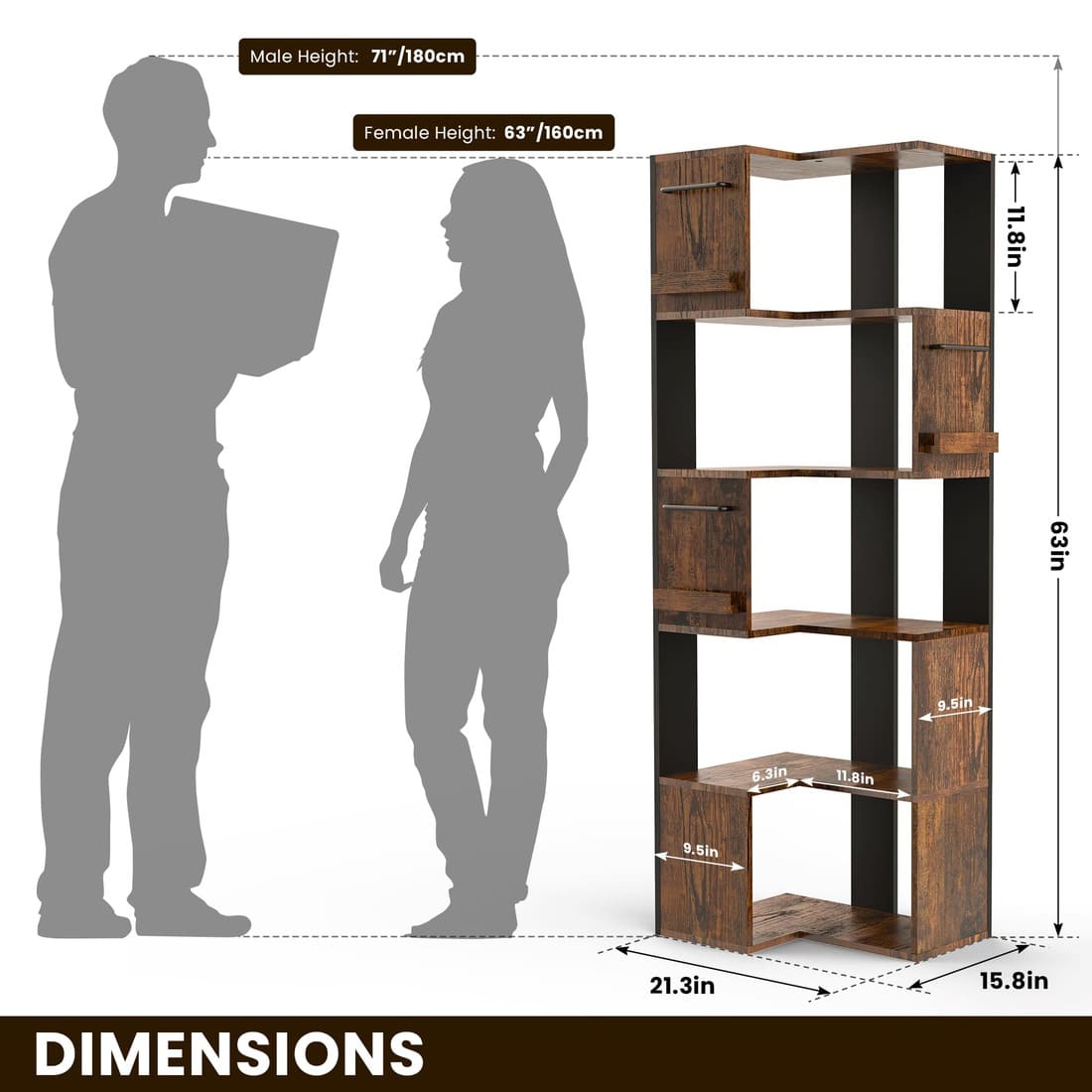 63" Tall Corner Shelf with L Shaped Storage Shelf & Anti-Tip Kit