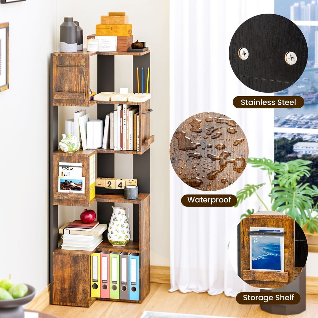 63" Tall Corner Shelf with L Shaped Storage Shelf & Anti-Tip Kit