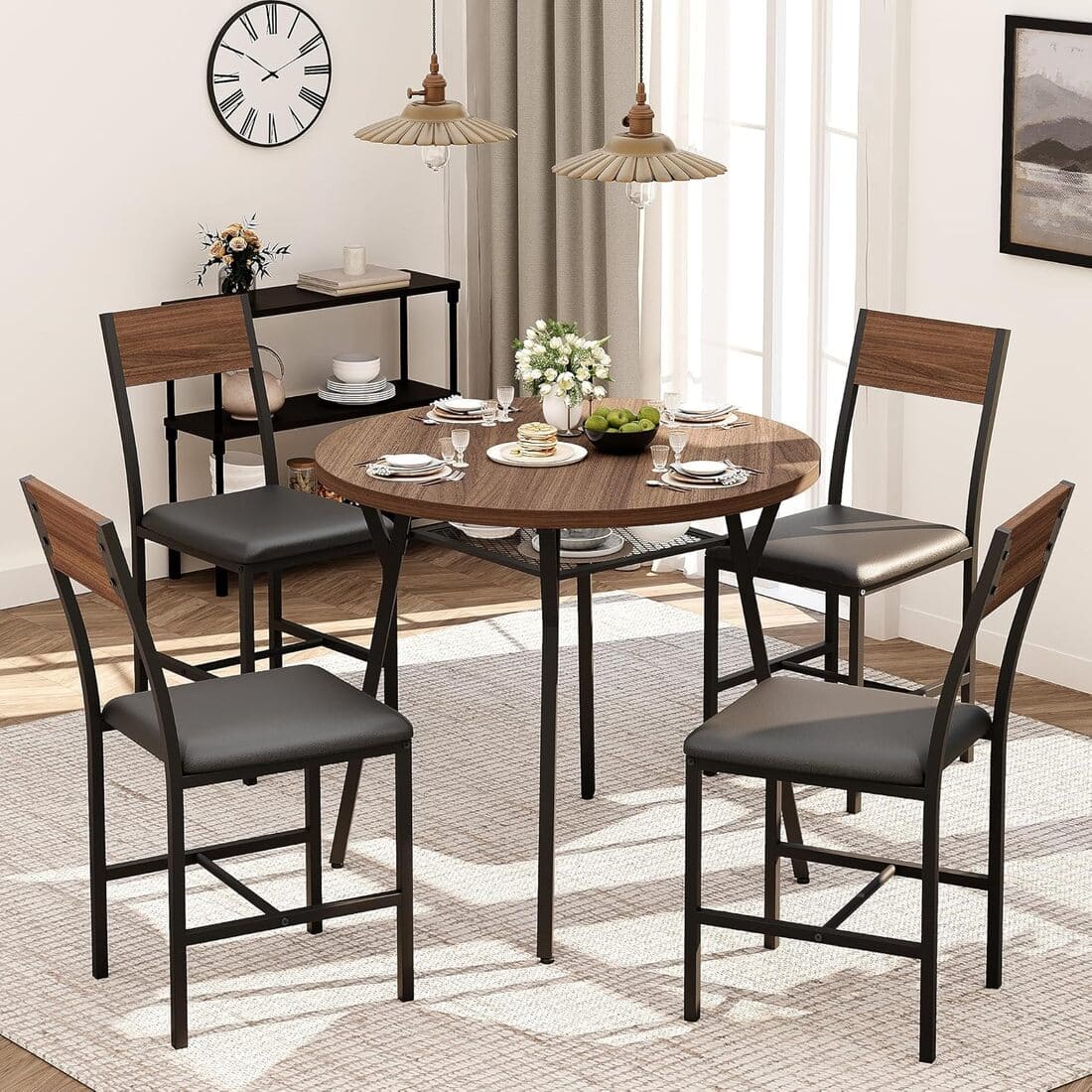 Pamapic Modern Round Dining Table Set for 4 with Meta Frame, Walnut