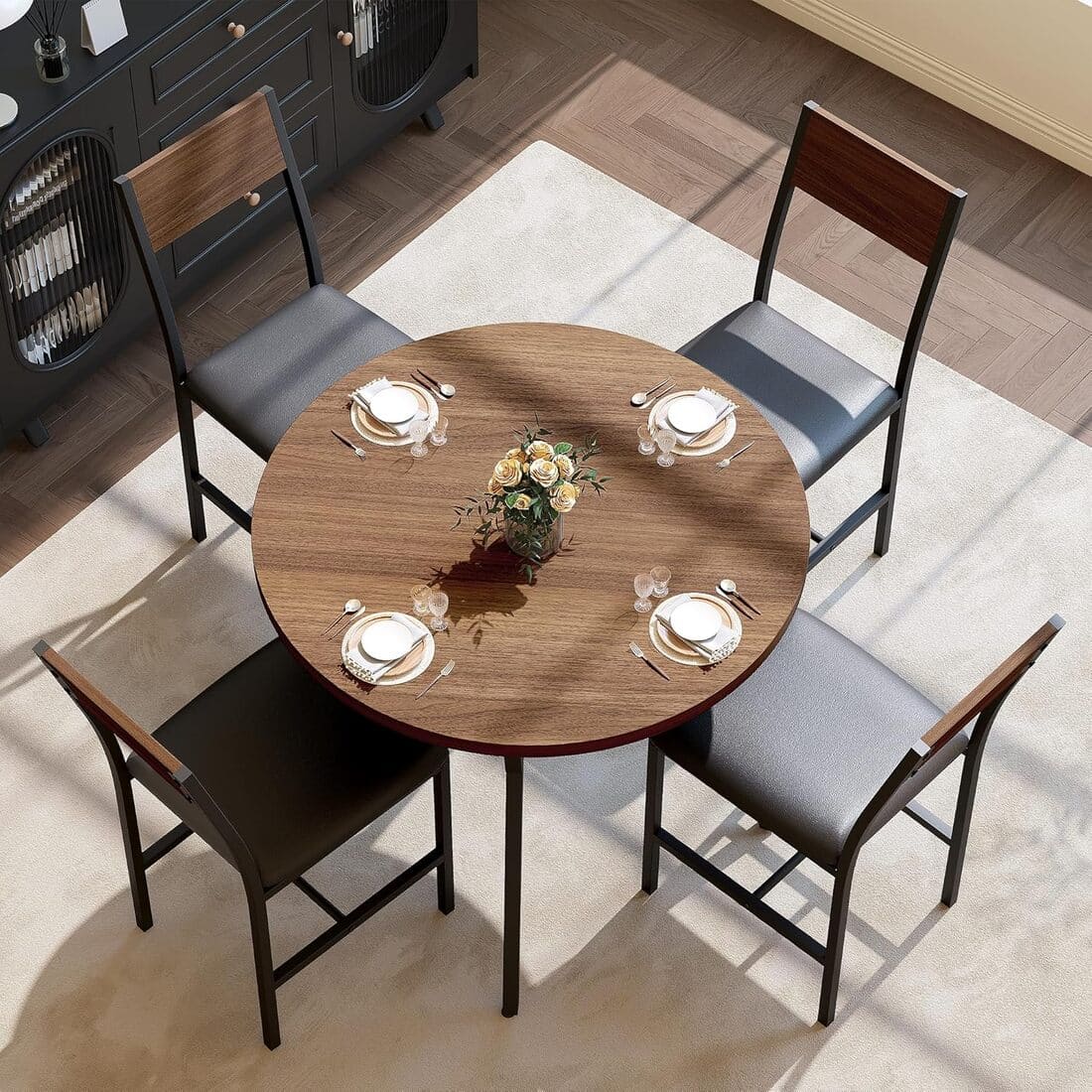 Pamapic Modern Round Dining Table Set for 4 with Meta Frame, Walnut