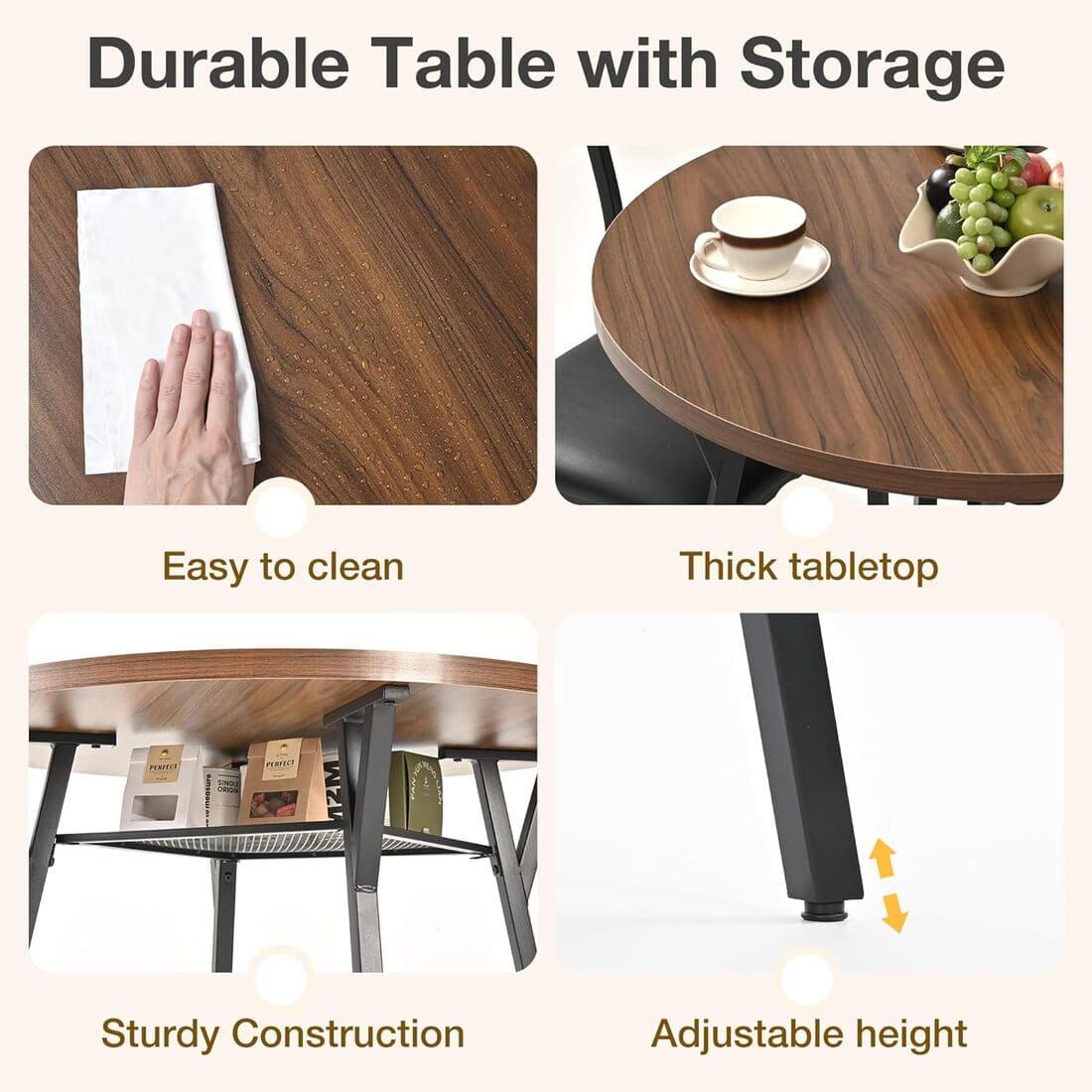 Pamapic Modern Round Dining Table Set for 4 with Meta Frame, Walnut