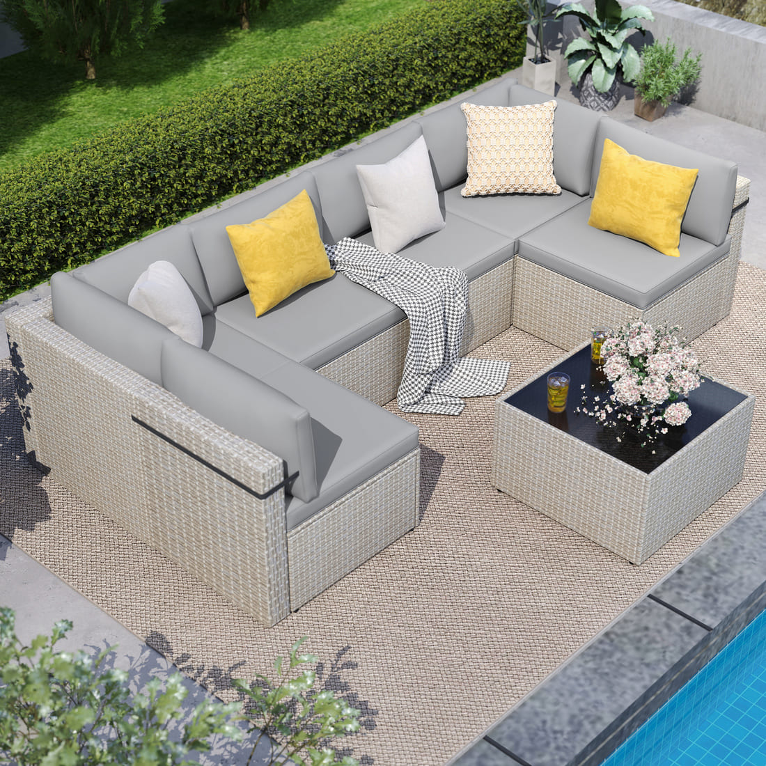 Pamapic 7-Piece Rattan Outdoor Sectional Sofa Set for Poolside, Backyard, Deck