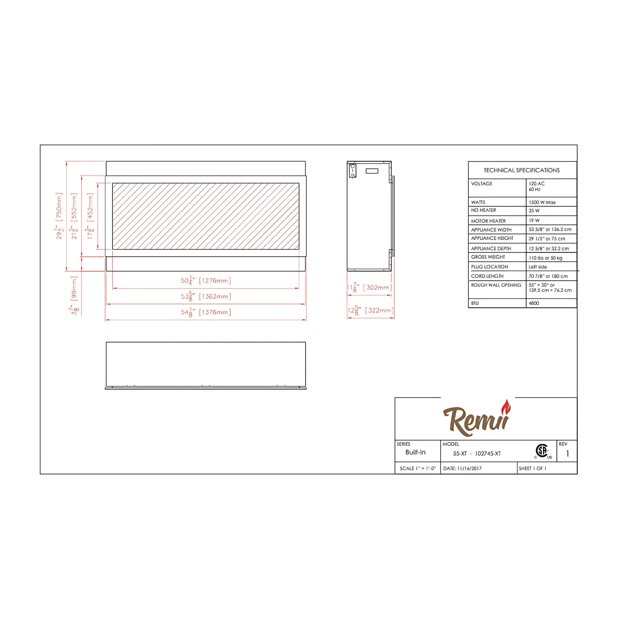 Remii Extra Tall 55" Electric Fireplace With Remote Control [102755-XT] (SAK25578)