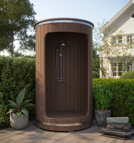 SaunaLife R3 outdoor barrel shower 53 inch diameter Thermo-Spruce staves stainless steel barrel bands and foundation anchors
