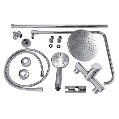 SaunaLife R3 interior 7 inch chrome overhead rain shower head and tethered handheld spray with hot and cold water